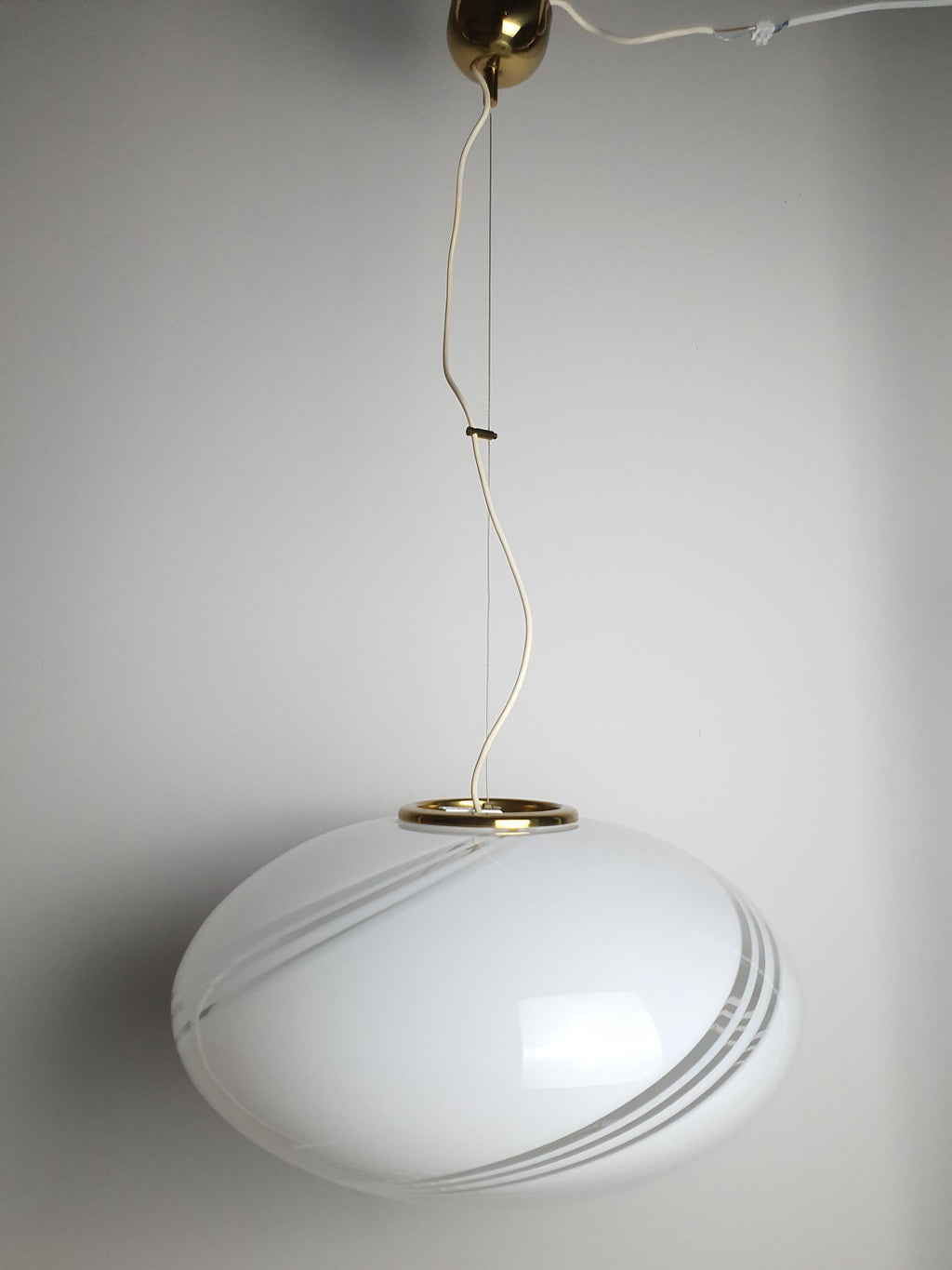 Vintage Murano white swirl glass globe pendant side profile, showing 30cm height and 48cm globe diameter, golden base
