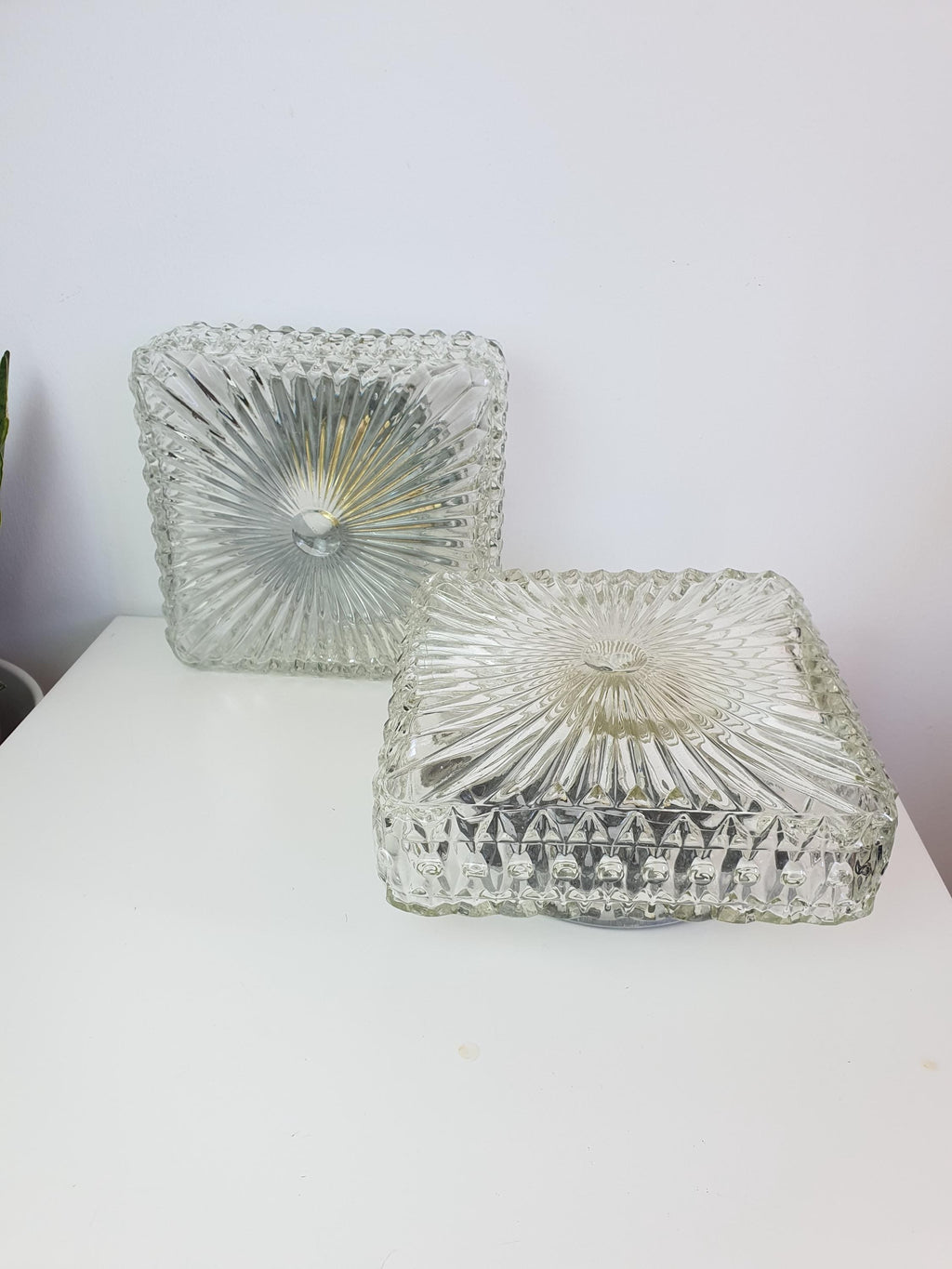 Pair of Brutalist Square Glass Wall Sconces or Ceiling Lights | Art Deco Light Fixtures | Mid-Century Modern Textured Glass Lamps