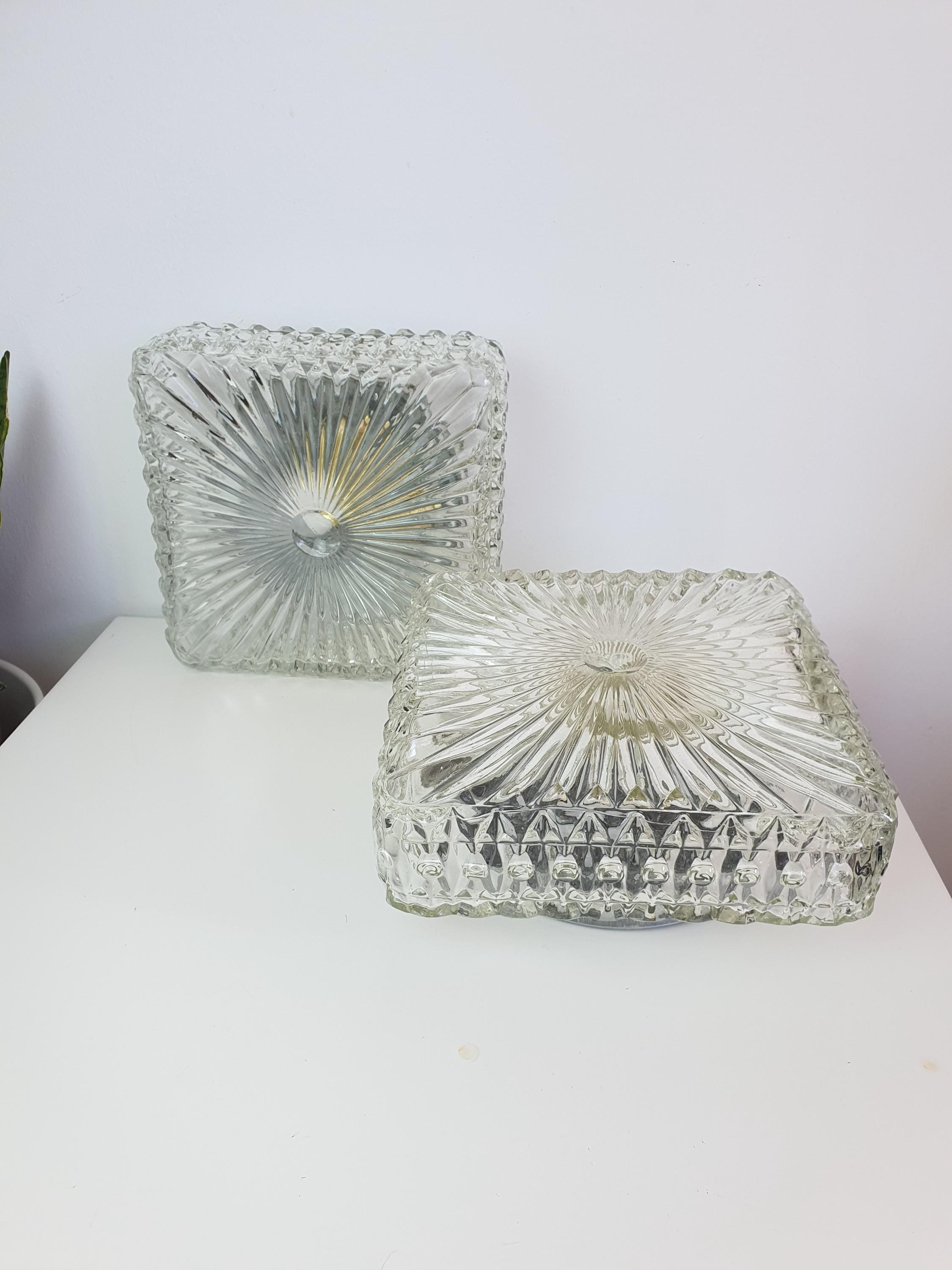 Pair of Brutalist Square Glass Wall Sconces or Ceiling Lights | Art Deco Light Fixtures | Mid-Century Modern Textured Glass Lamps