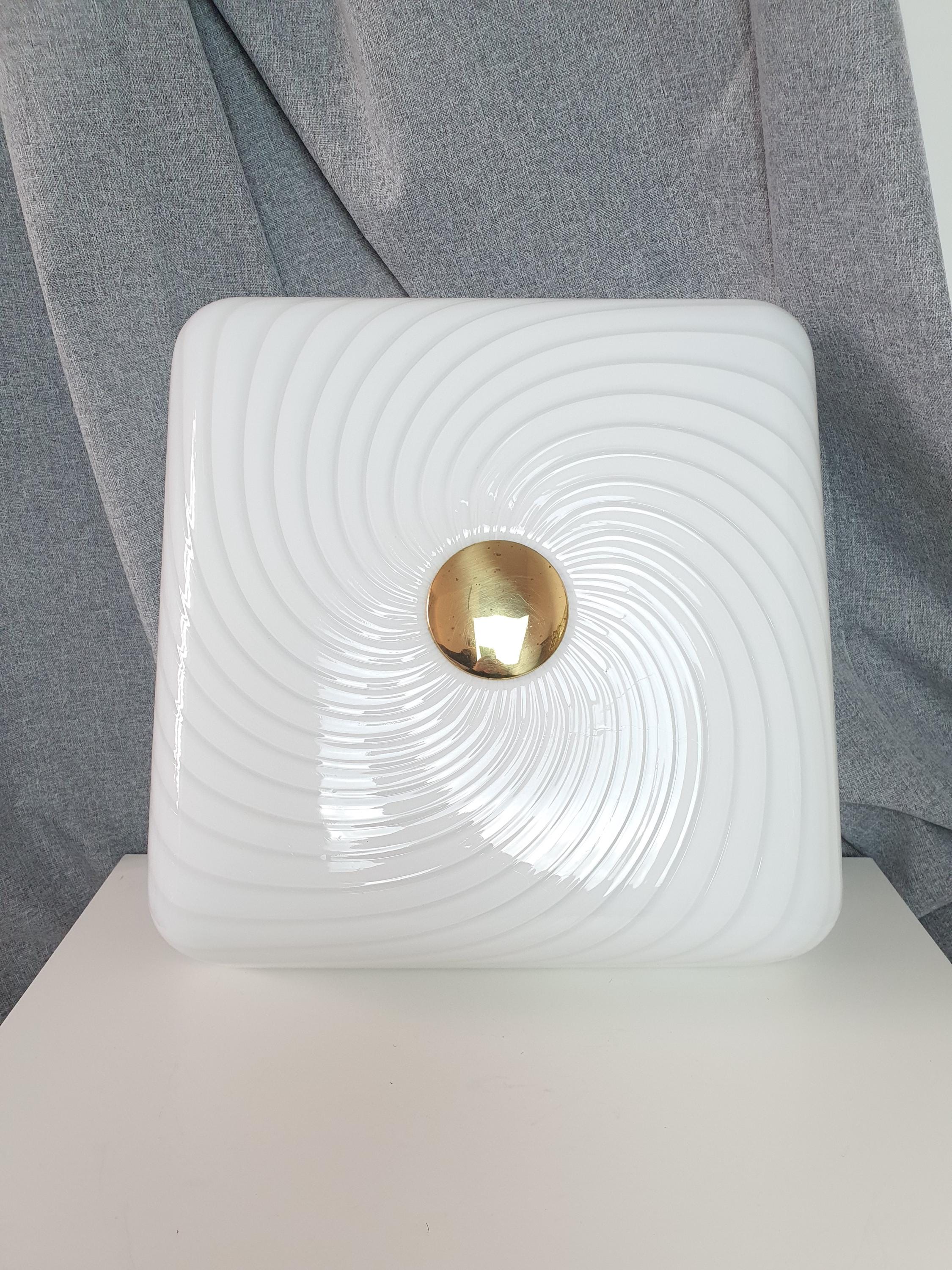 Vintage Murano Glass Flush Mount Light: White Swirl, MCM Retro Lighting