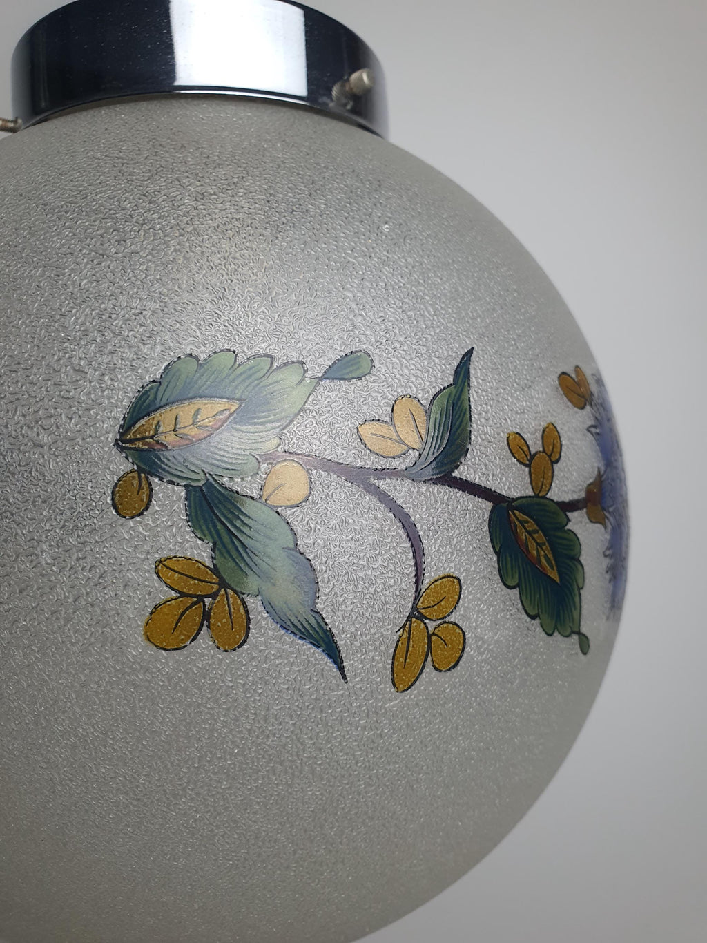 1950s Italian Vintage Globe Pendant Light Frosted Glass Floral Wooden Chrome Base