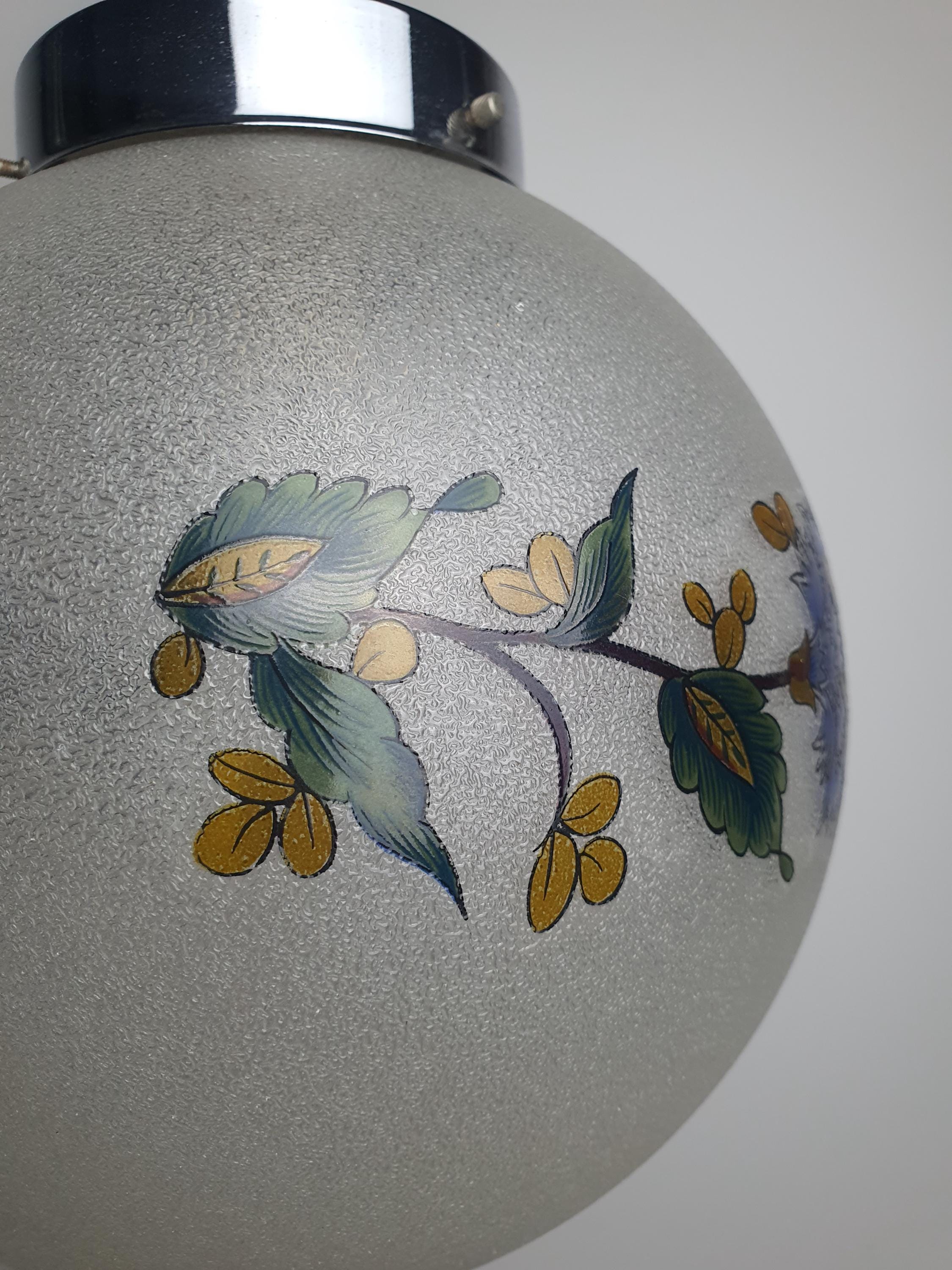 1950s Italian Vintage Globe Pendant Light Frosted Glass Floral Wooden Chrome Base