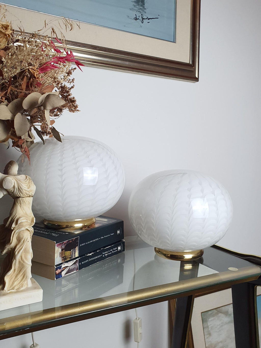 Murano Glass Table Lamps: Vintage White Wave Globe, Italian MCM Design