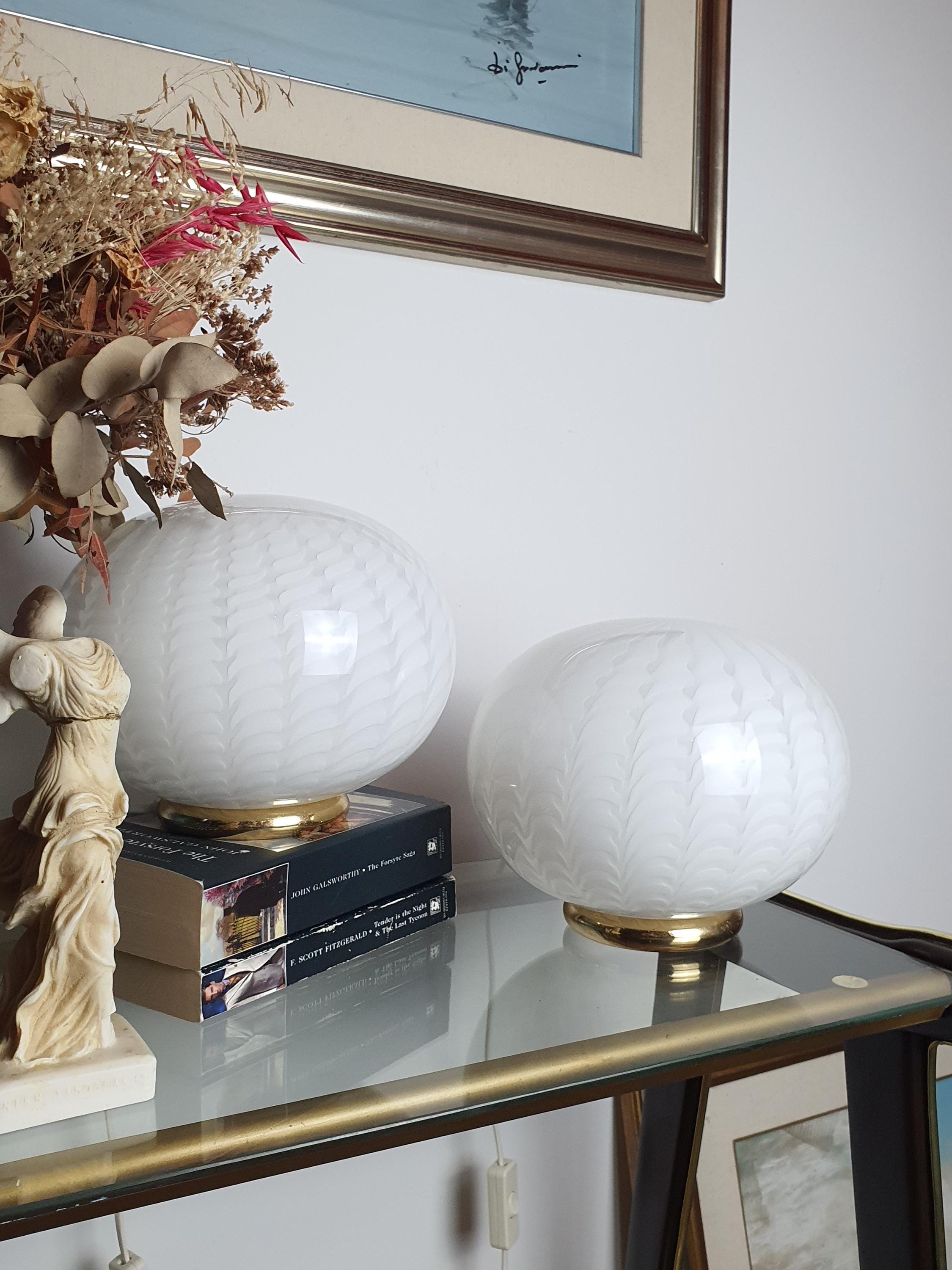 Murano Glass Table Lamps: Vintage White Wave Globe, Italian MCM Design