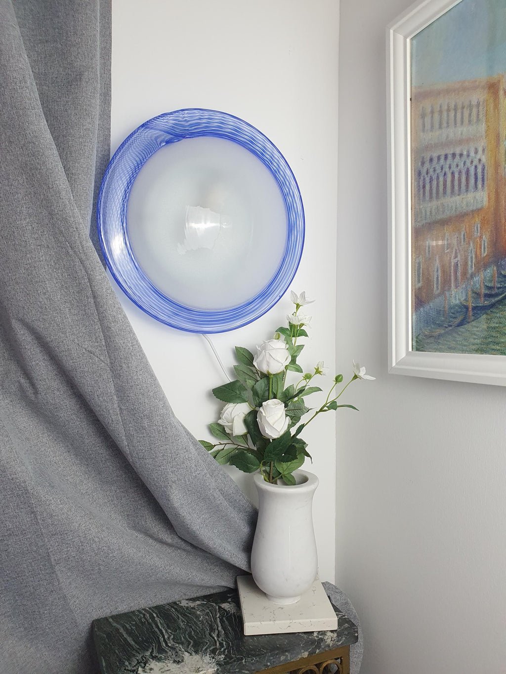 Vintage Due P Murano glass flush mount light, blue filigrana lines with grey bubbled centre