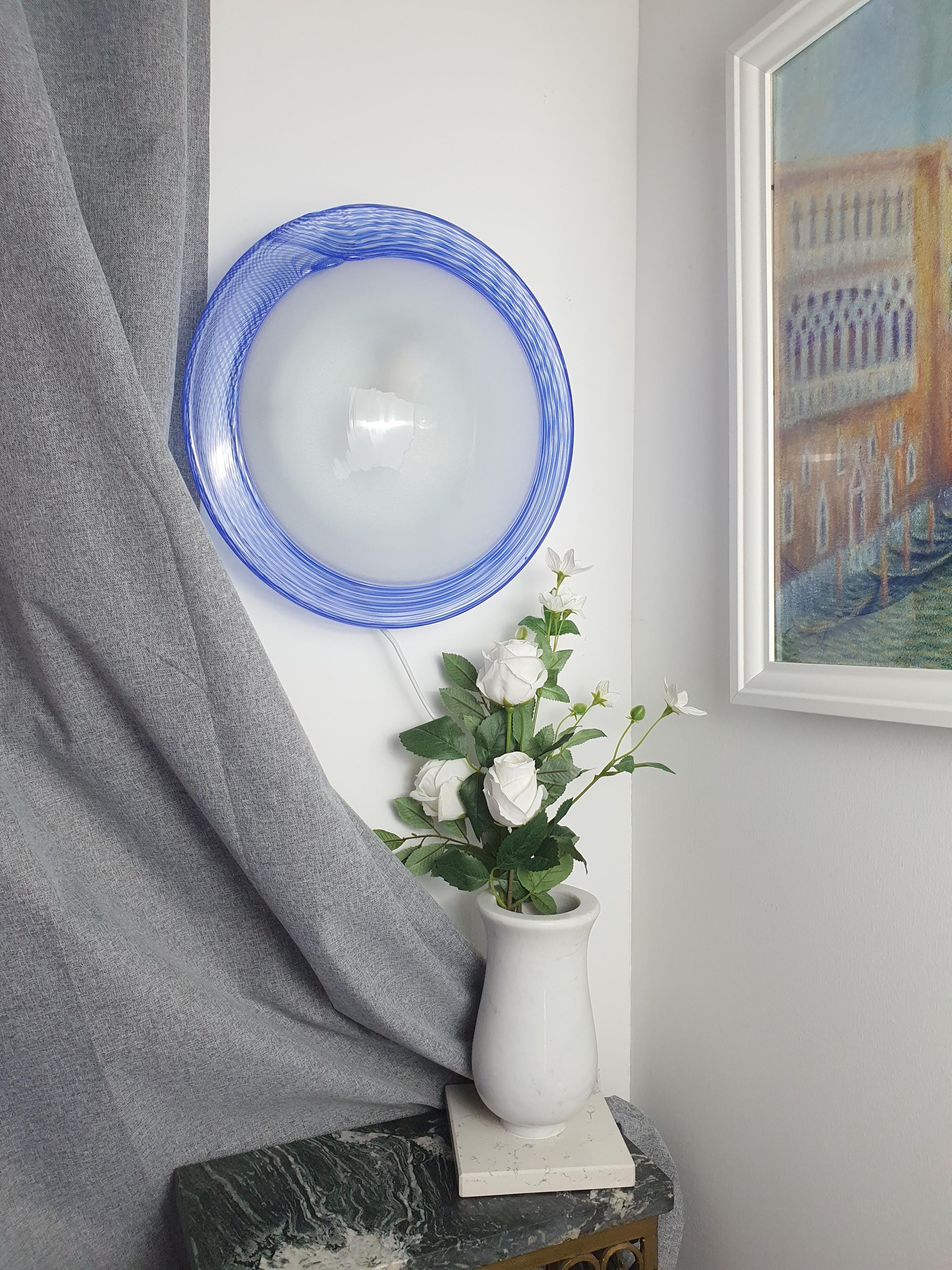 Vintage Due P Murano glass flush mount light, blue filigrana lines with grey bubbled centre