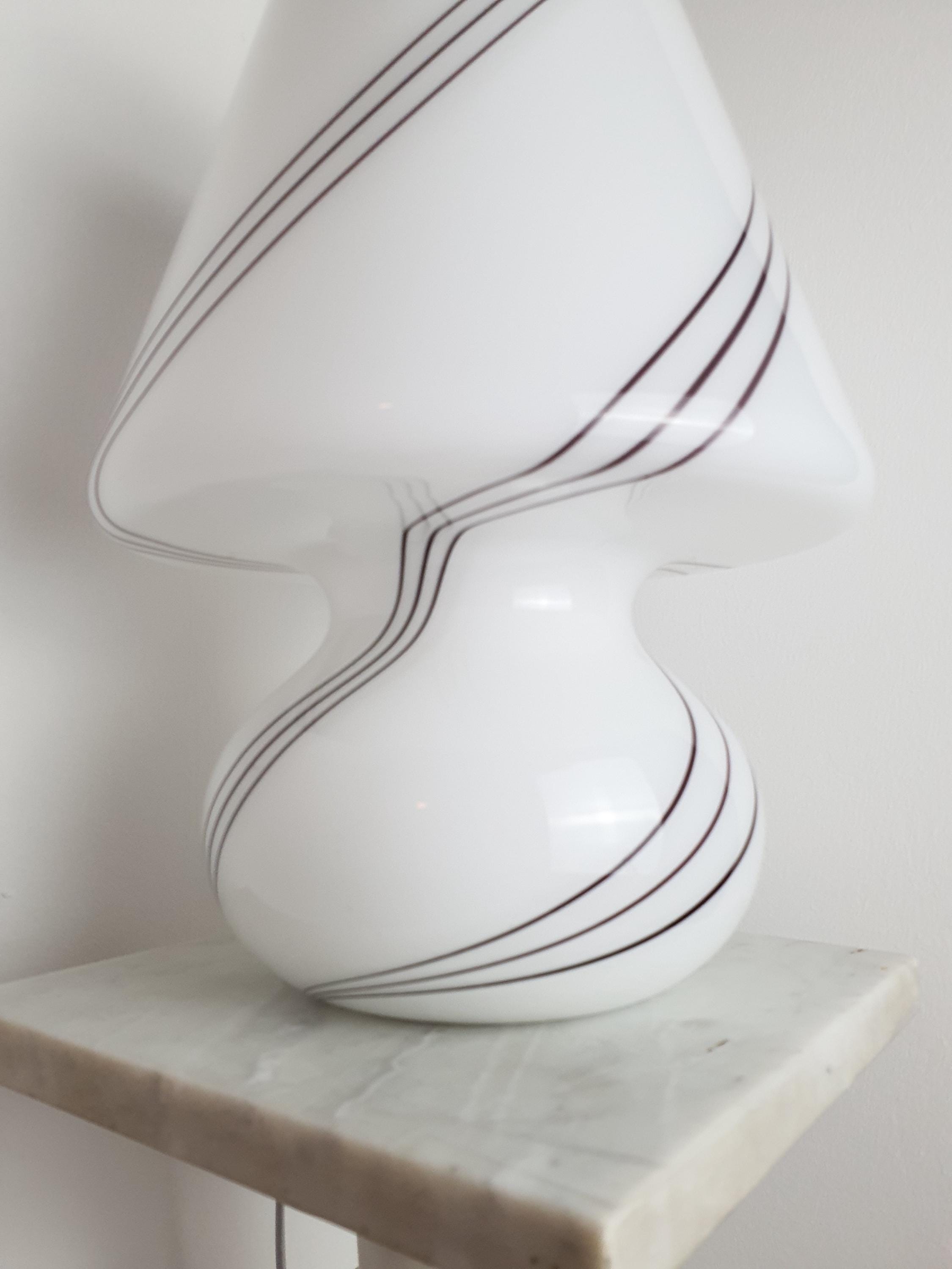 Vintage Murano Glass Mushroom Table Lamp | White with Black Swirl Lines | Mid-Century Italian Lighting