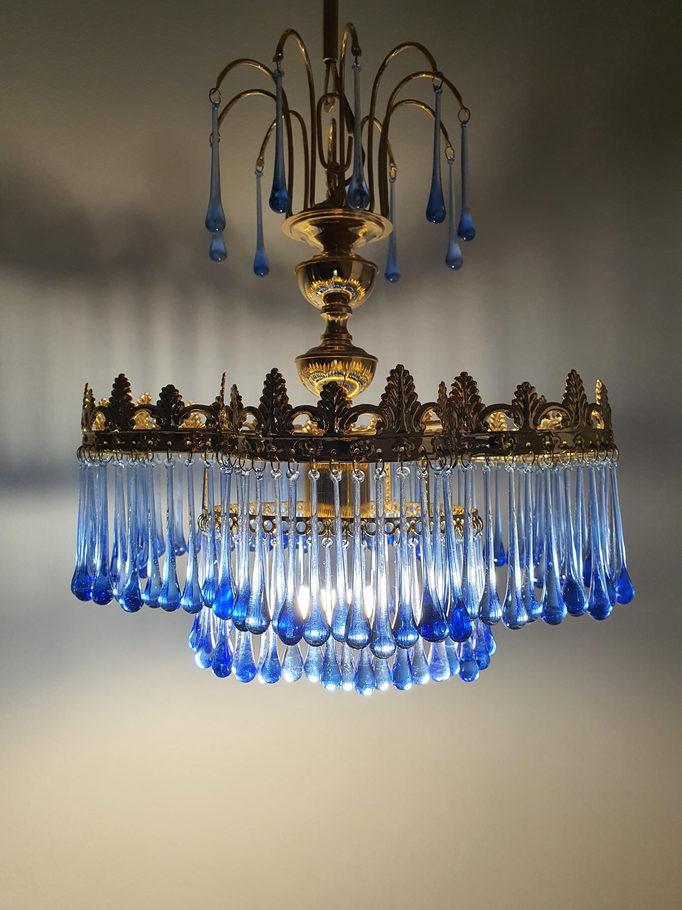 Small Vintage Teardrop Cascade Chandelier with Navy Blue Glass Drops on Gold Base | Hollywood Regency Lighting