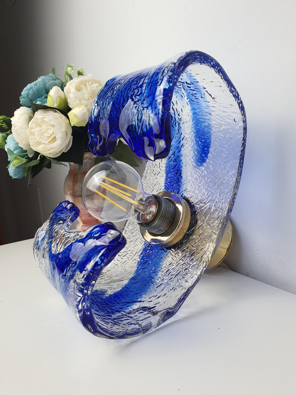 La Murrina blue and clear Murano Glass curved wall or ceiling light fixture
