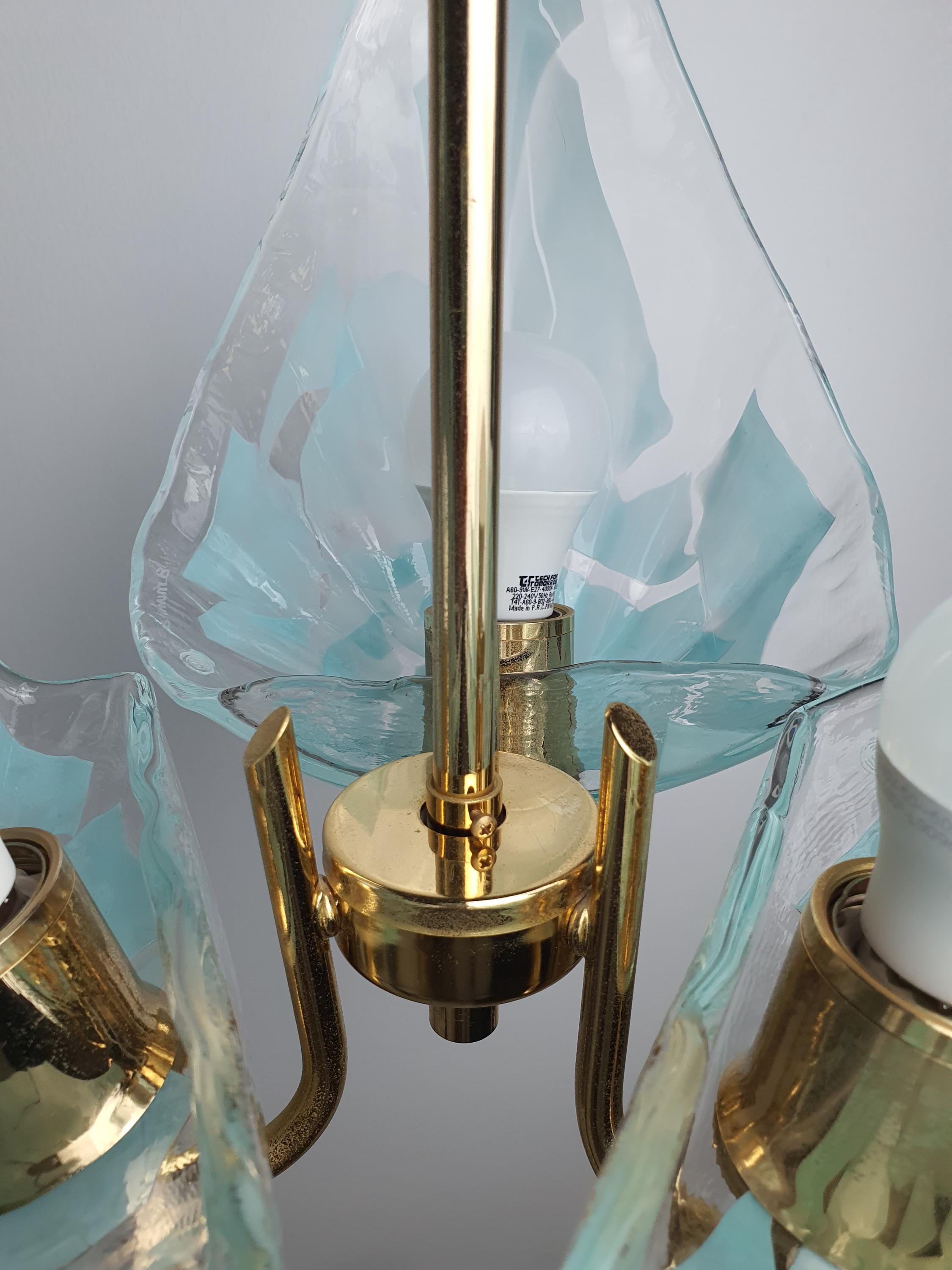 La Murrina 3-Arm Murano Glass Chandelier – Clear & Tiffany Blue on Golden Base