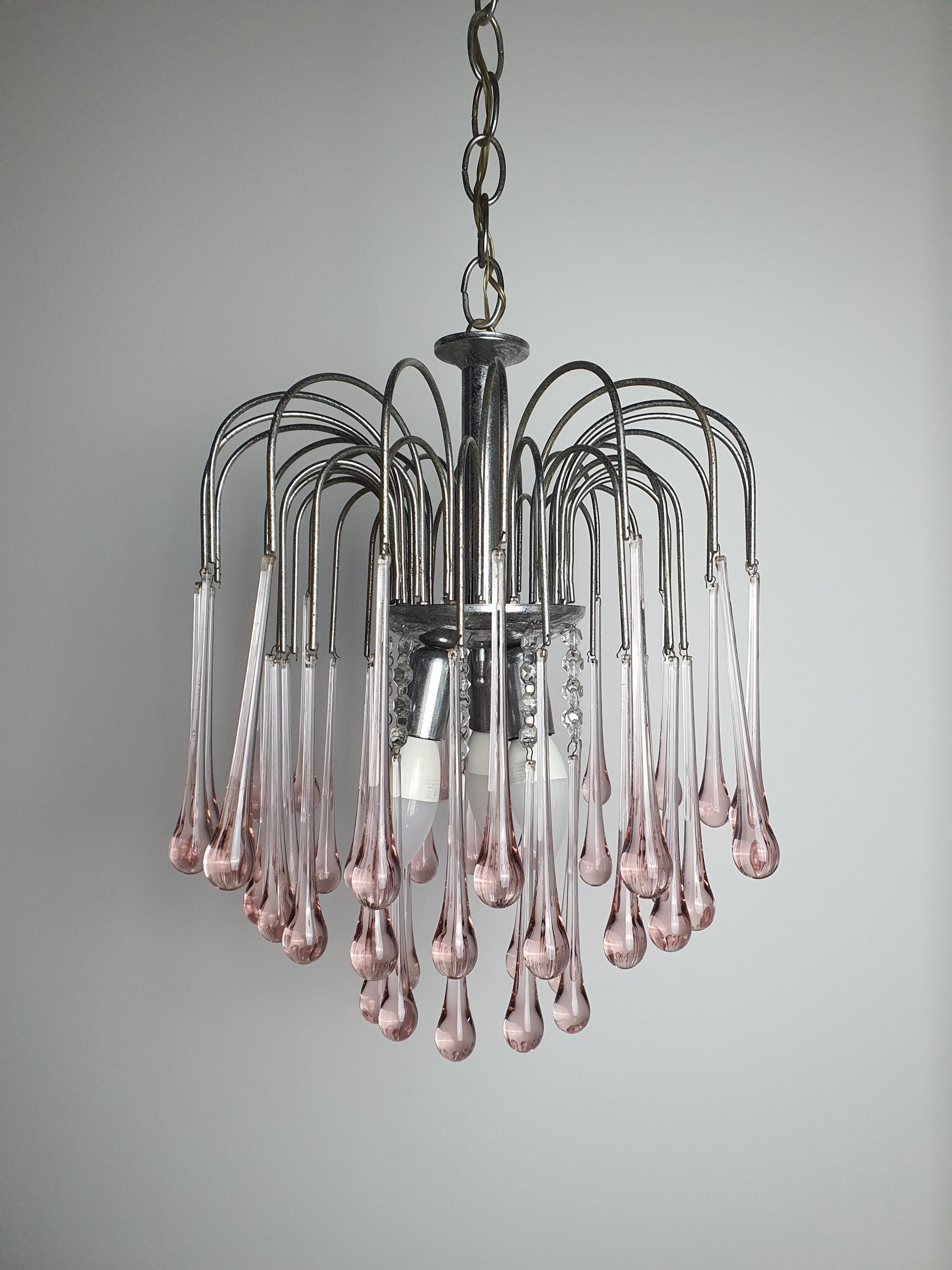 Vintage Murano Glass Pink Teardrops Chandelier | Chrome Base Hollywood Regency Lighting