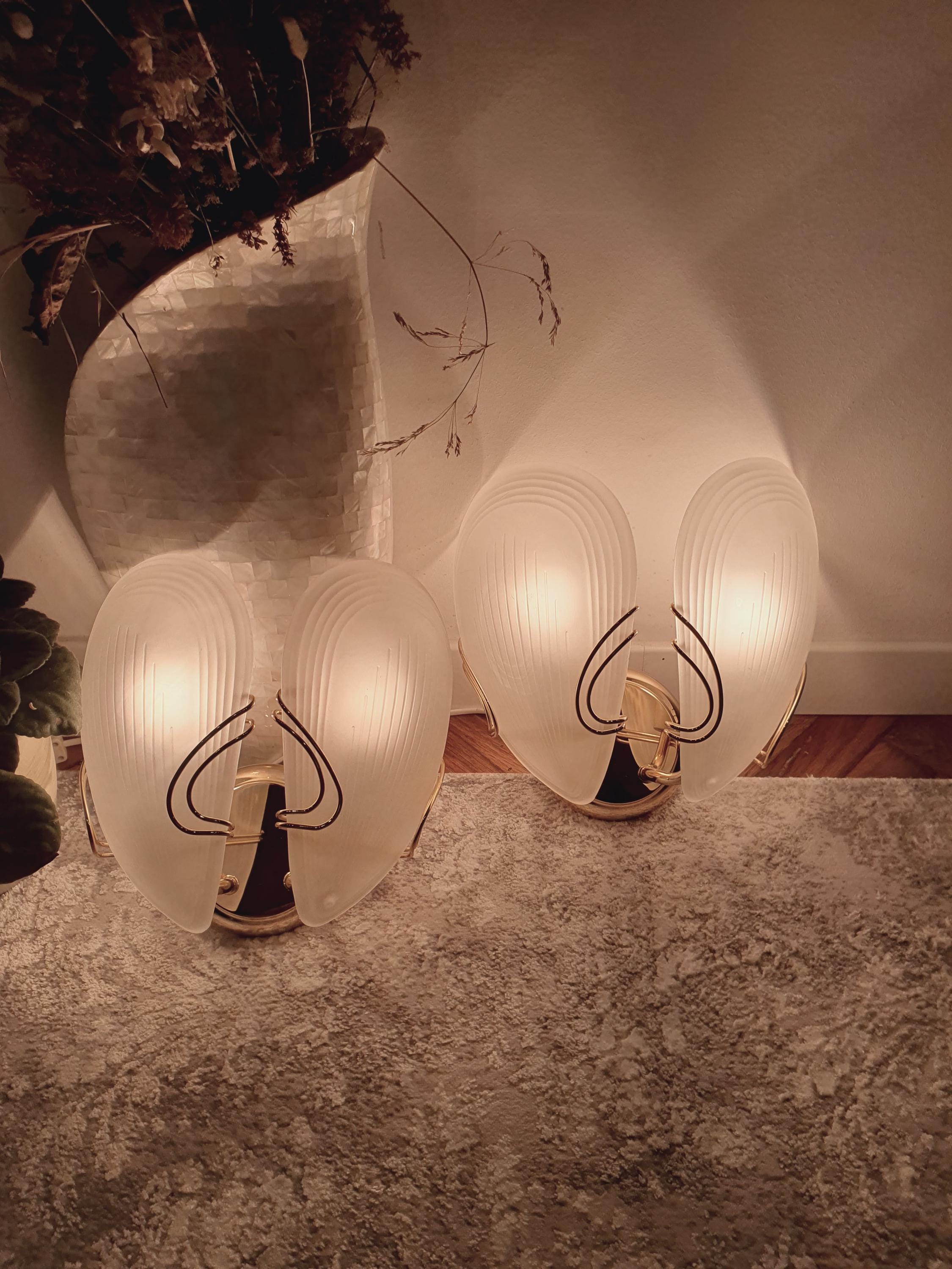 Art Deco Petal Wall Sconces: Matte Glass, Golden Base, Hollywood Regency Lights