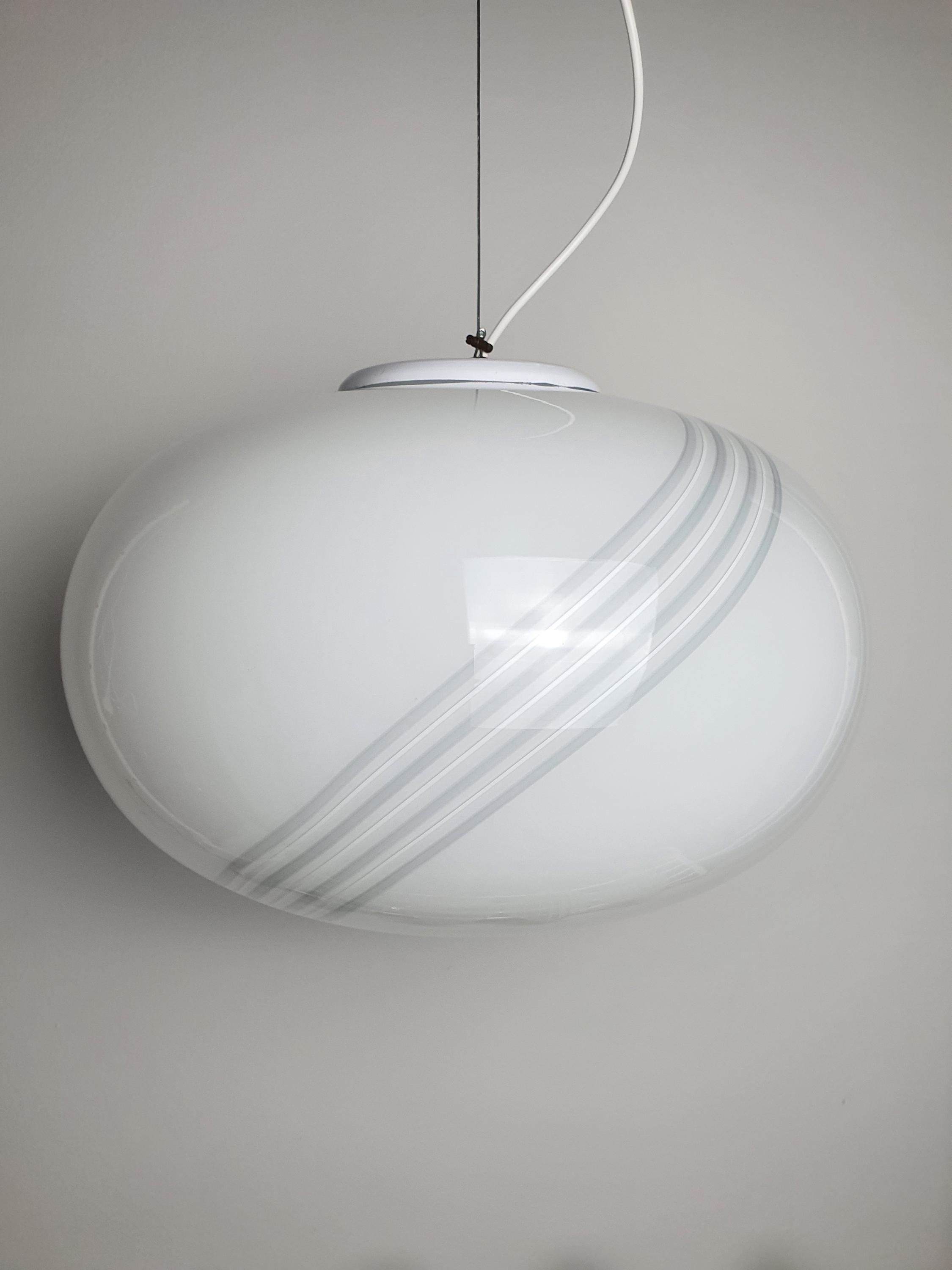 Large Vintage Murano Glass Globe Pendant Light: White Gret Swirl, Retro Scandinavian Decor