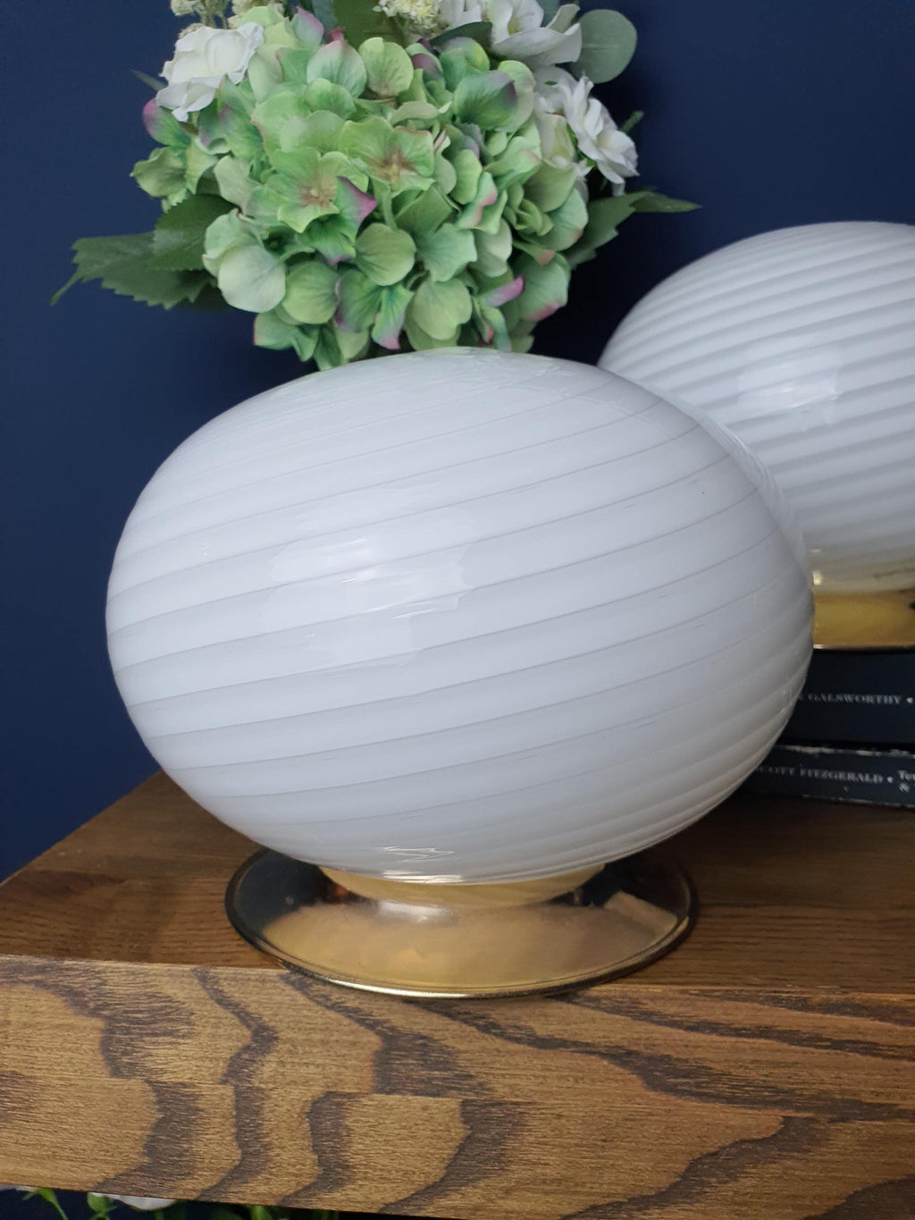 Pair of Vintage Murano Glass Swirl Globe Bedside Lamps Gold Base