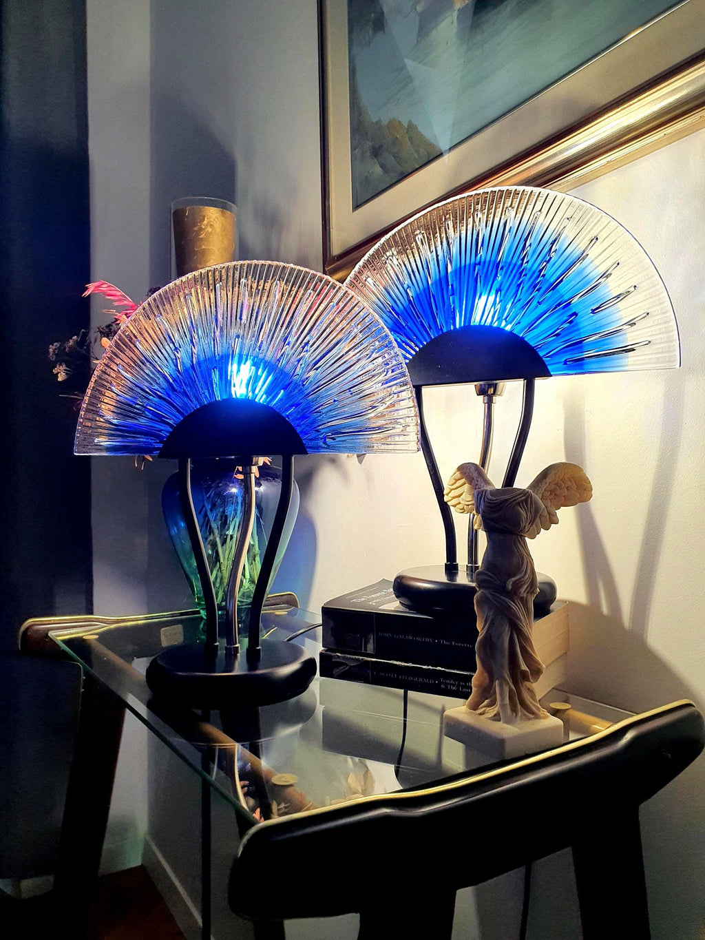Pair of vintage Murano glass table lamps — fan screen shades, blue to clear gradient, front view