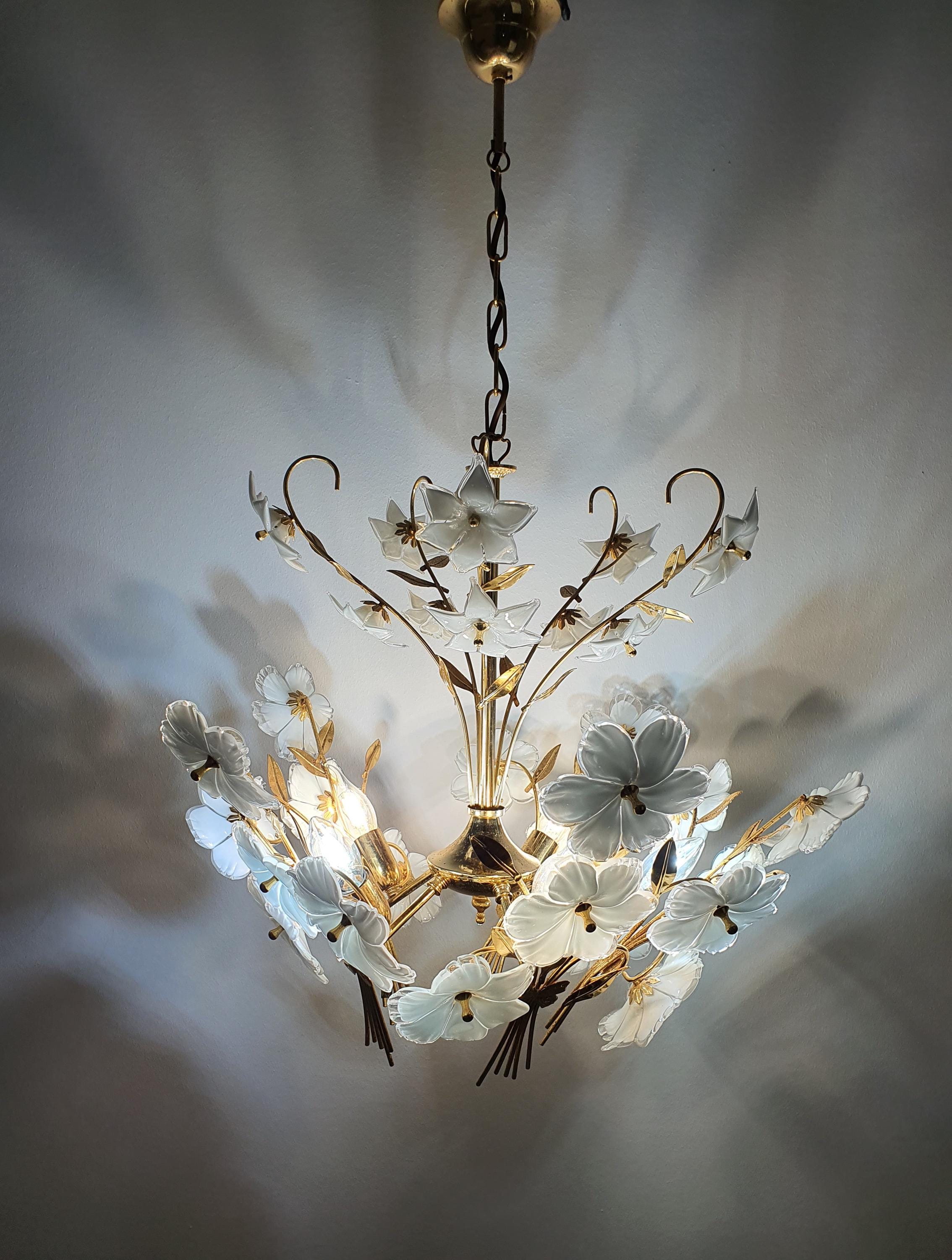 Vintage 1980s Murano floral chandelier in living room, white ribbed glass flowers, gold botanical statement lighting