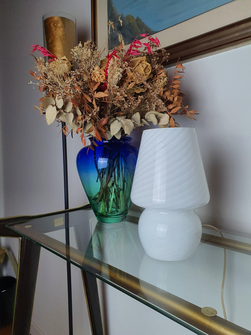Vintage Murano Glass Mushroom Lamp: Mid-Century Modern White Swirl
