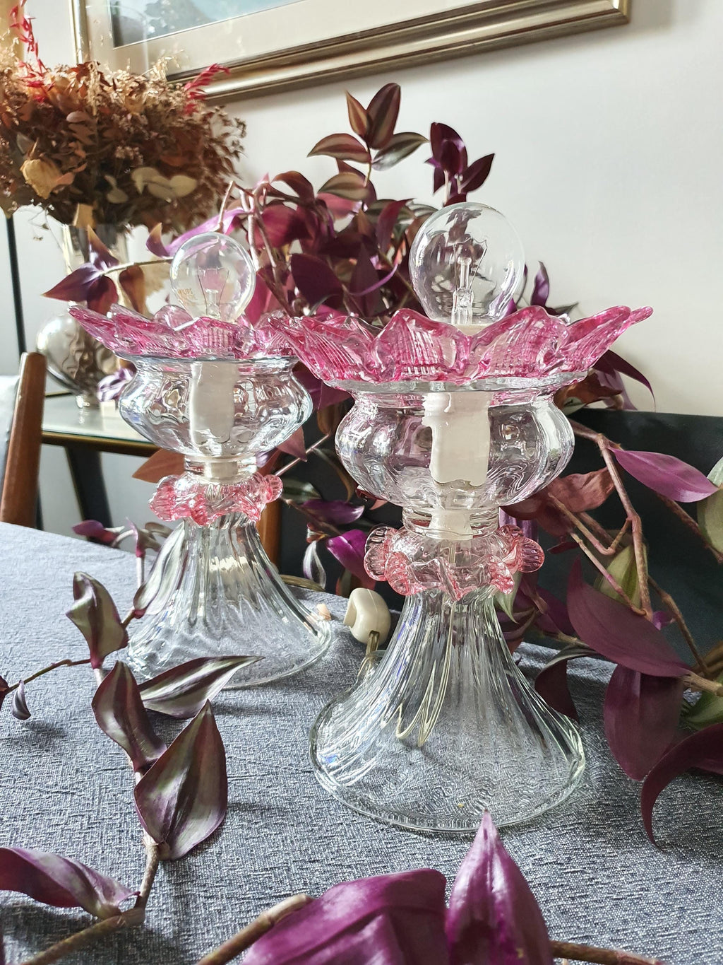 Pink Art Deco Murano Glass Tulip Bedside Lamps: MCM Retro Lighting