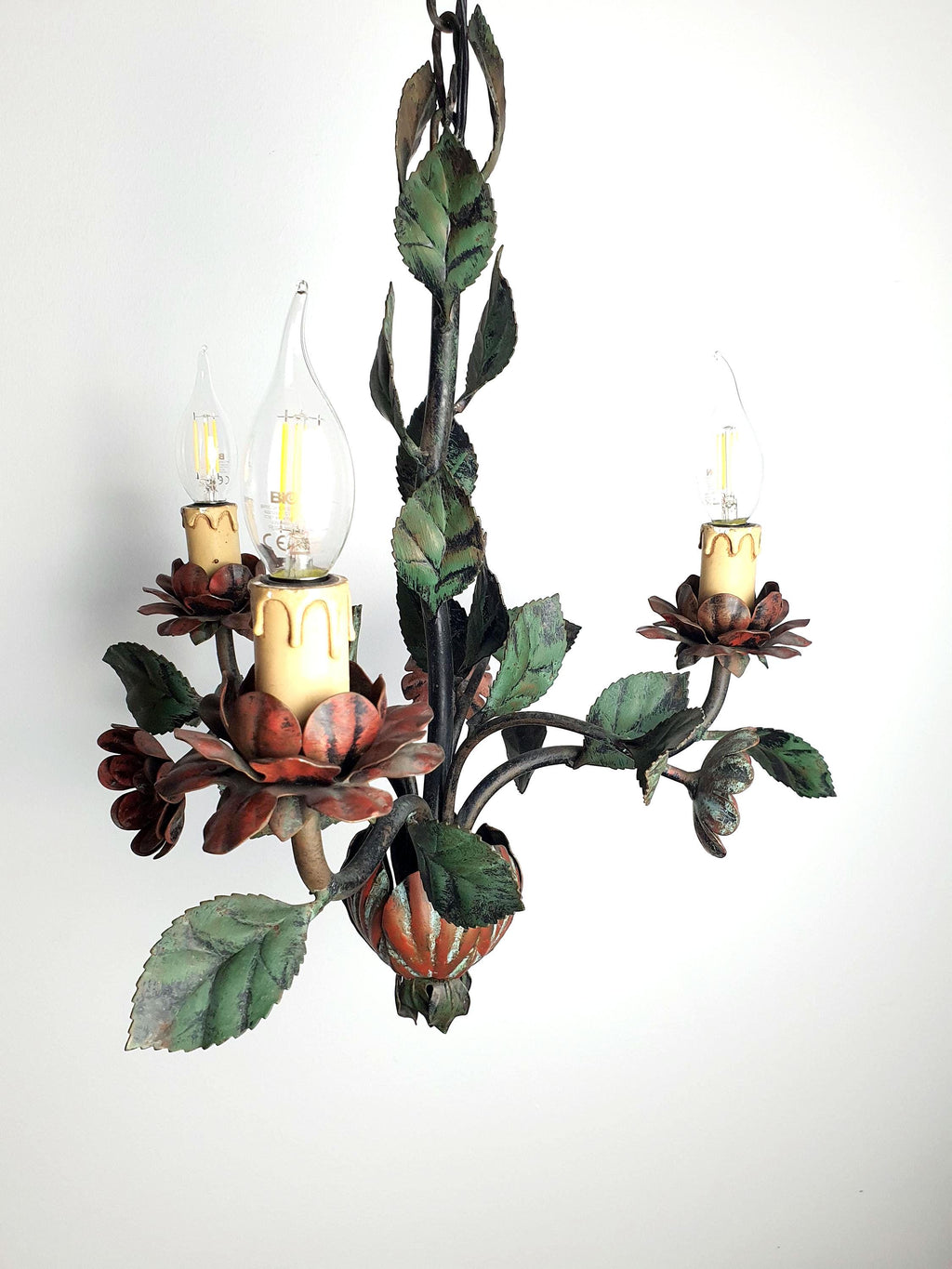 Vintage Italian tole chandelier with red flowers, green leaves and three candle-style arms
