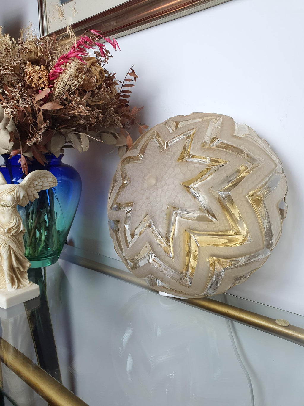 Art Deco Ceiling Light in Stamped Clear Glass | Matte Star Pattern, Bronze Base