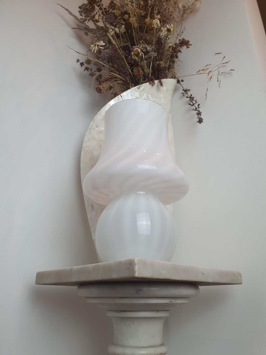 Vintage Murano Glass Mushroom Lamp: White Swirl Scandinavian Bedside Light
