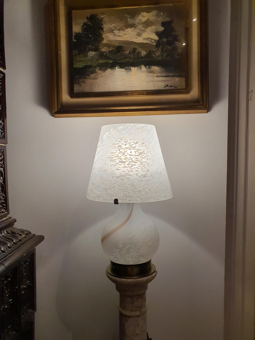 Murano Glass Mushroom Desk Lamp: White Swirl Vintage Table Light