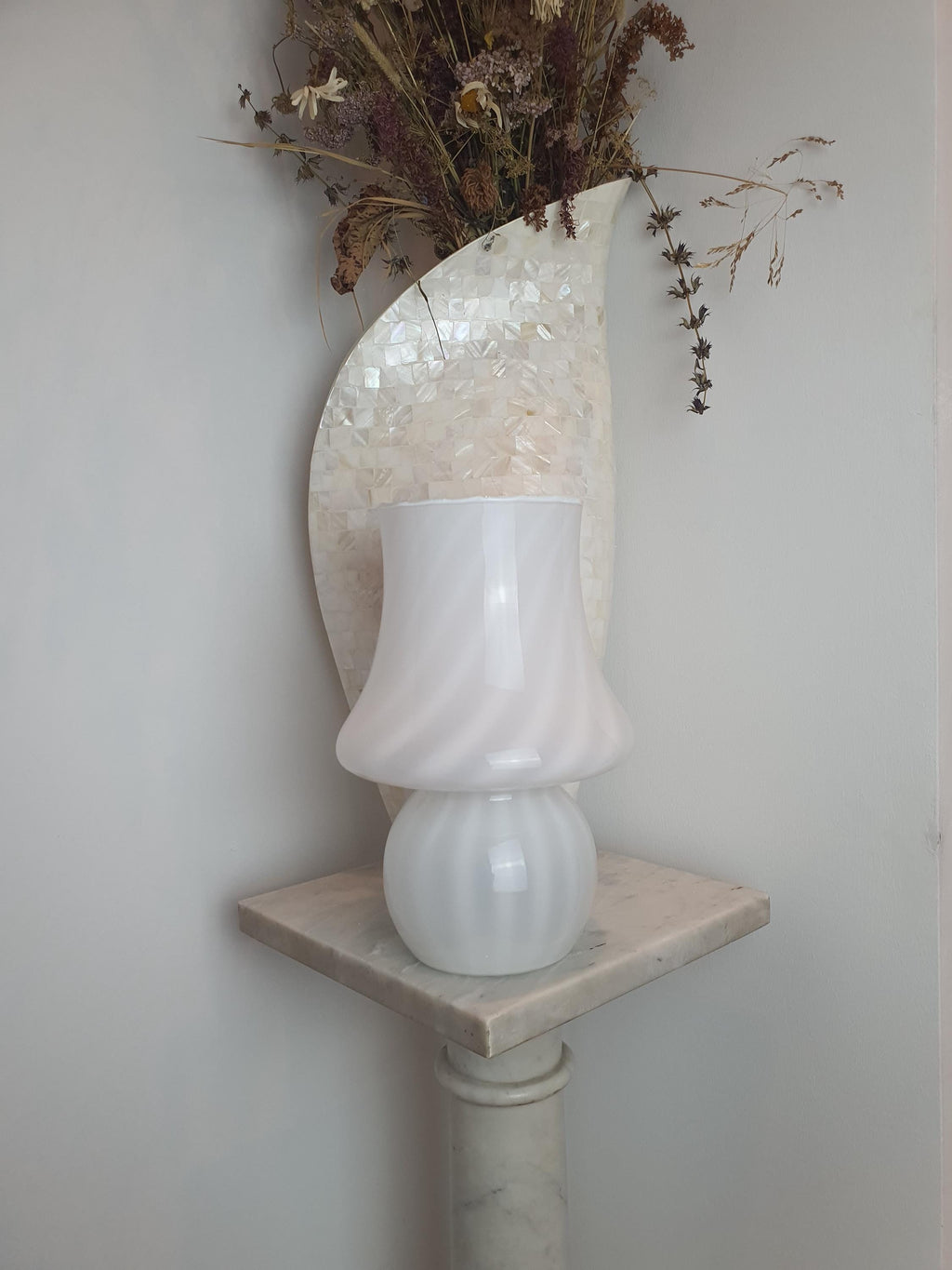 Vintage Murano Glass Mushroom Lamp: White Swirl Scandinavian Bedside Light