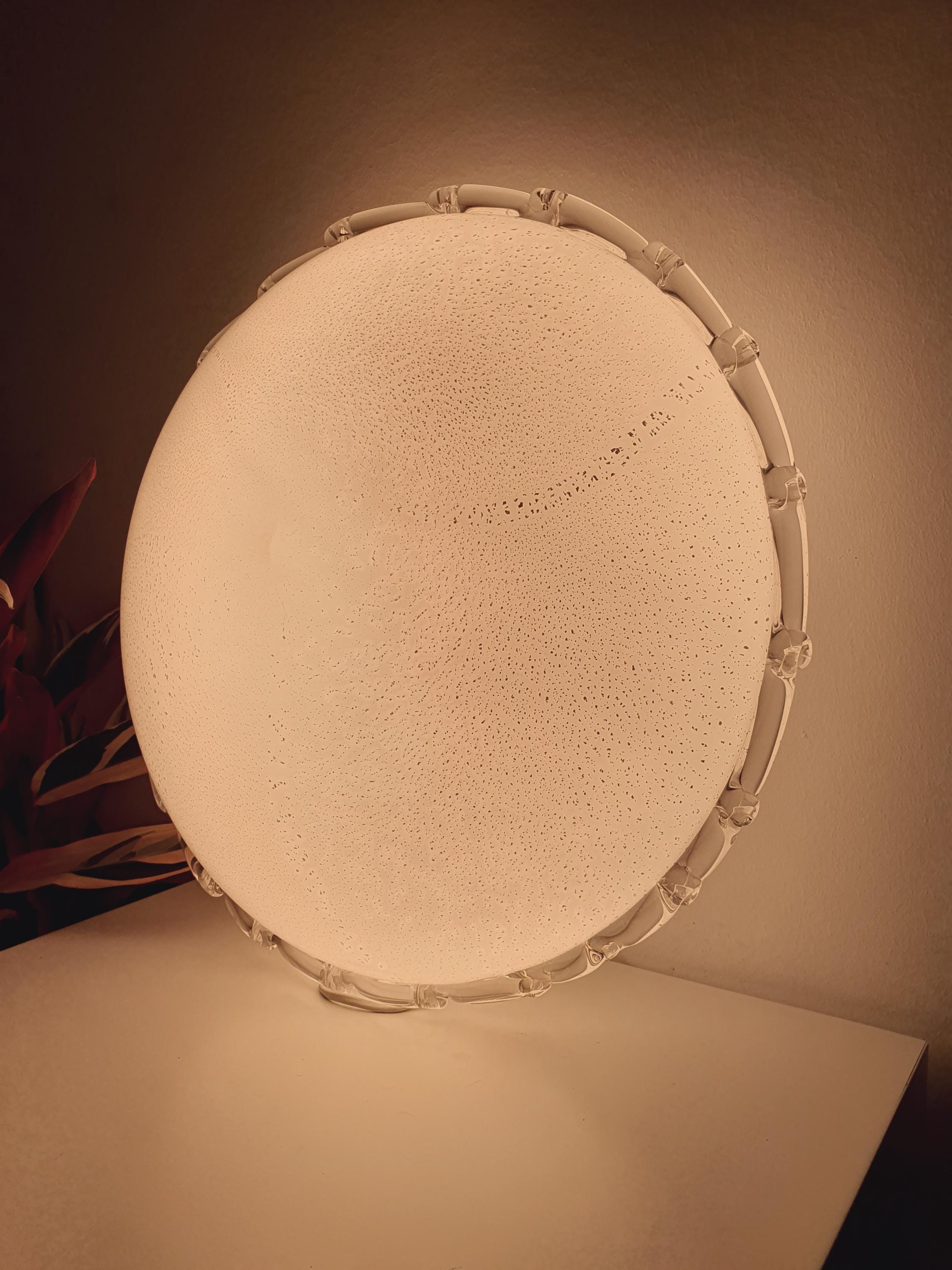 XL Murano Glass Flush Mount Lamp: White & Silver MCM Italian Light