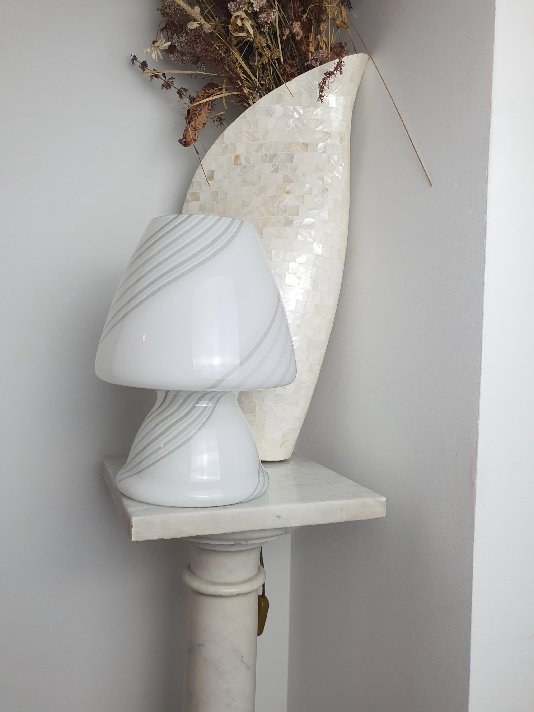 Murano Glass Mushroom Lamp: White & Grey Swirl, MCM Bedside Light