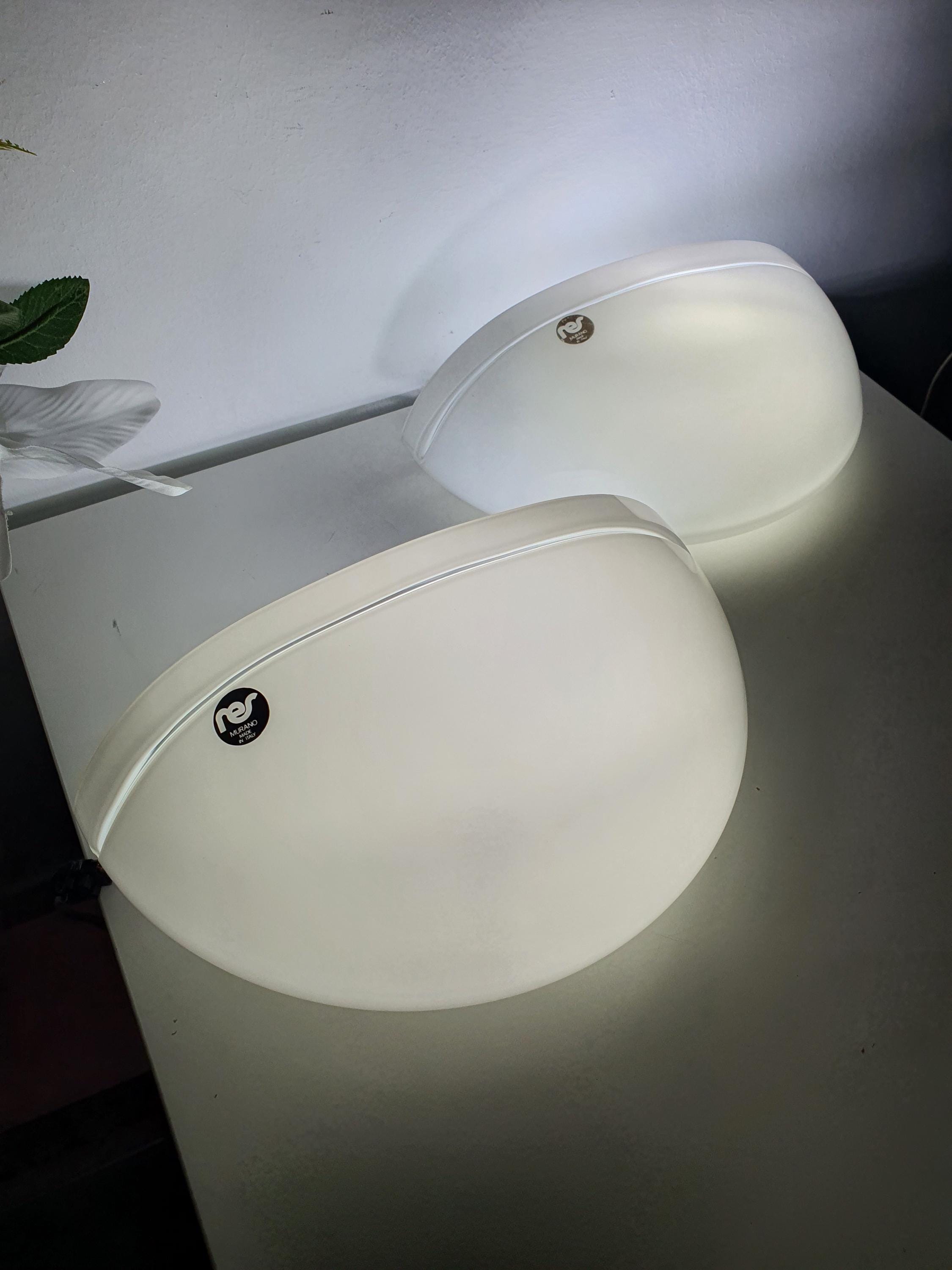 RES Murano Glass Pair Vintage Minimalist Half Moon White Wall Sconces