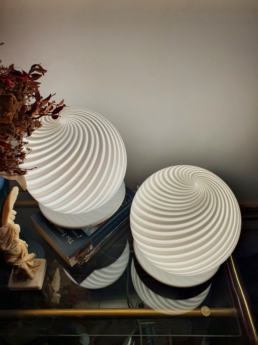 Murano Glass Table Lamps: White Swirl Globe, Mid-Century Modern, Italian Vintage Pair