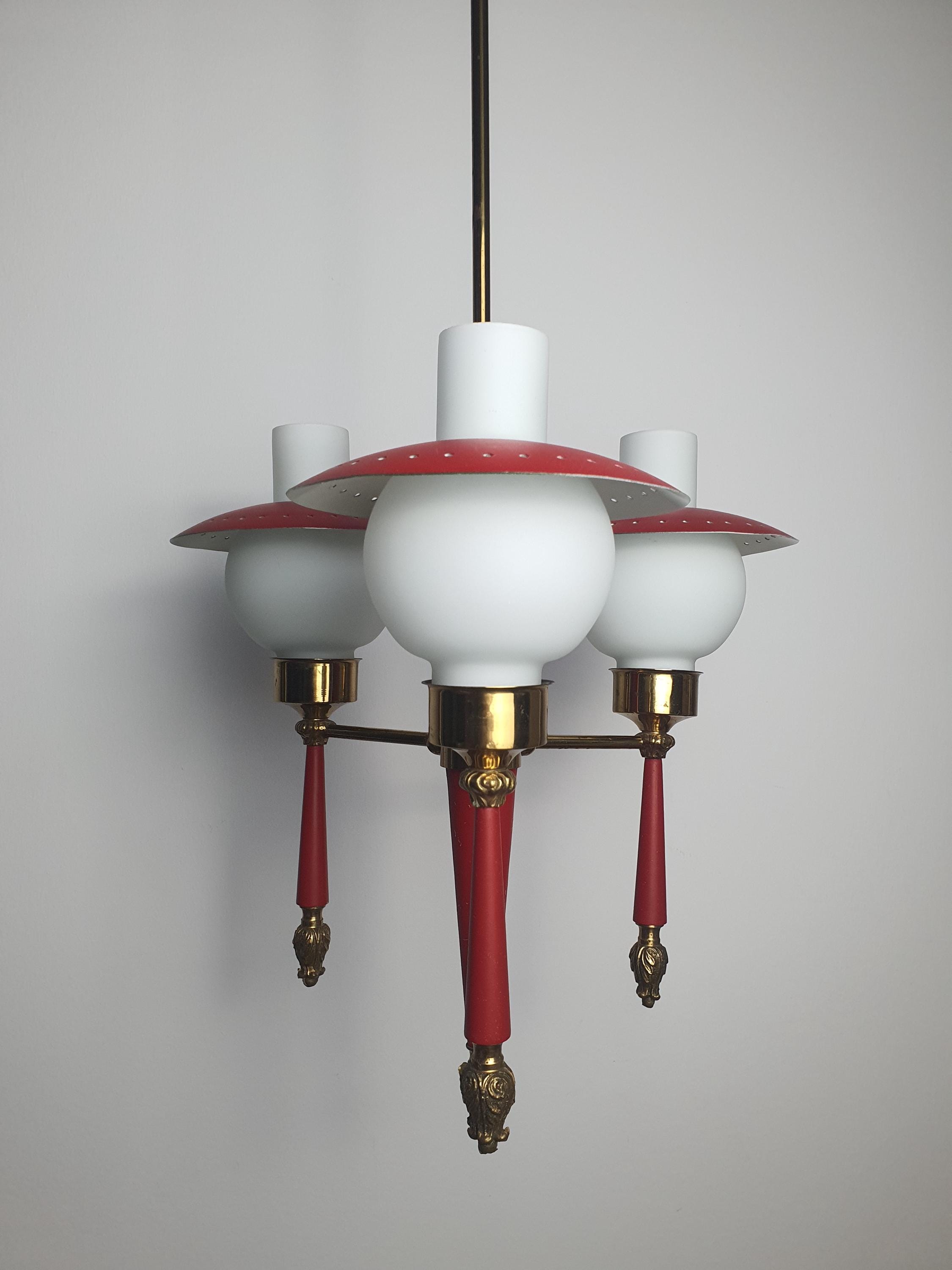 Vintage 1950s Italian Stilnovo style chandelier — red matte metal, brass and milk white glass, front view