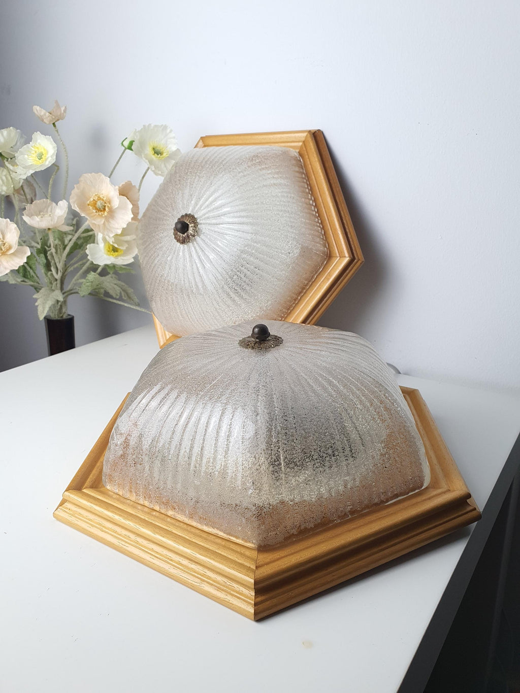 Pair of Vintage Frosted Glass Flush Mount Lights in Wooden Frame | MCM Venetian Design