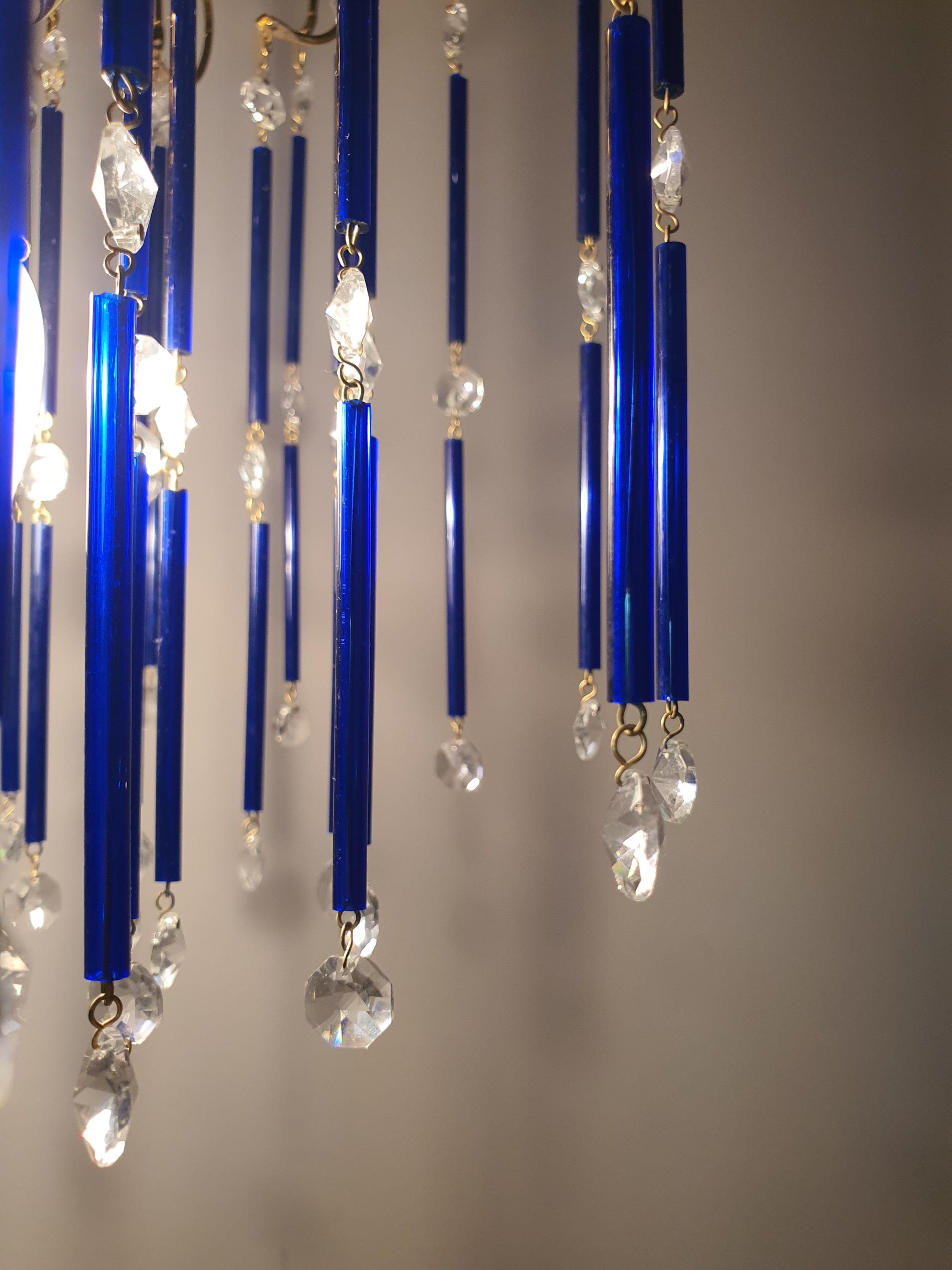 Vintage Cascade Chandelier: Navy Blue Glass Drops, Hollywood Regency Style