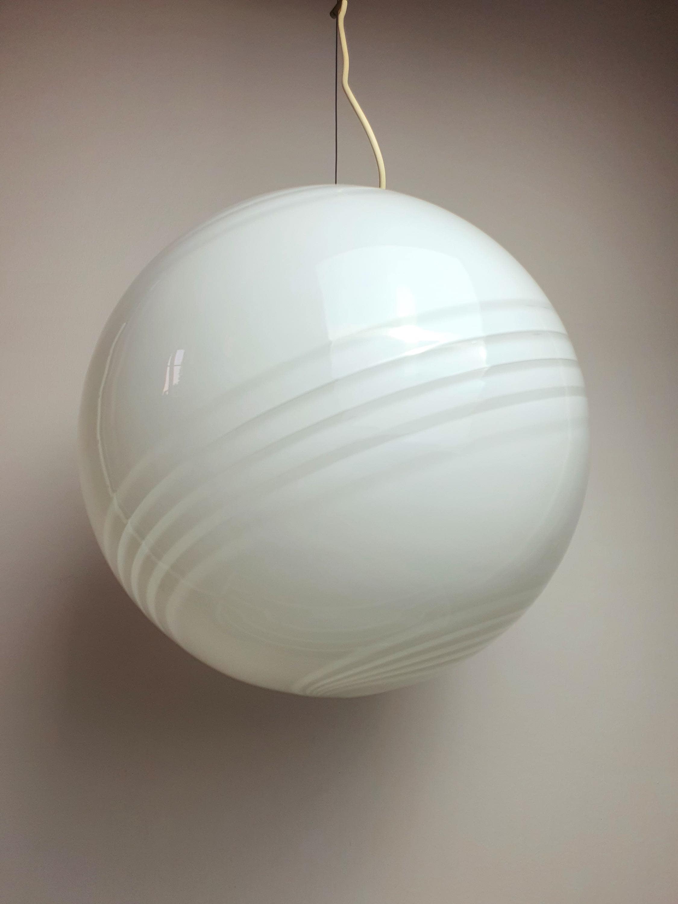 Murano large white swirl globe pendant front view, 38cm hand-blown sphere, clean white swirl decoration, MCM minimalist