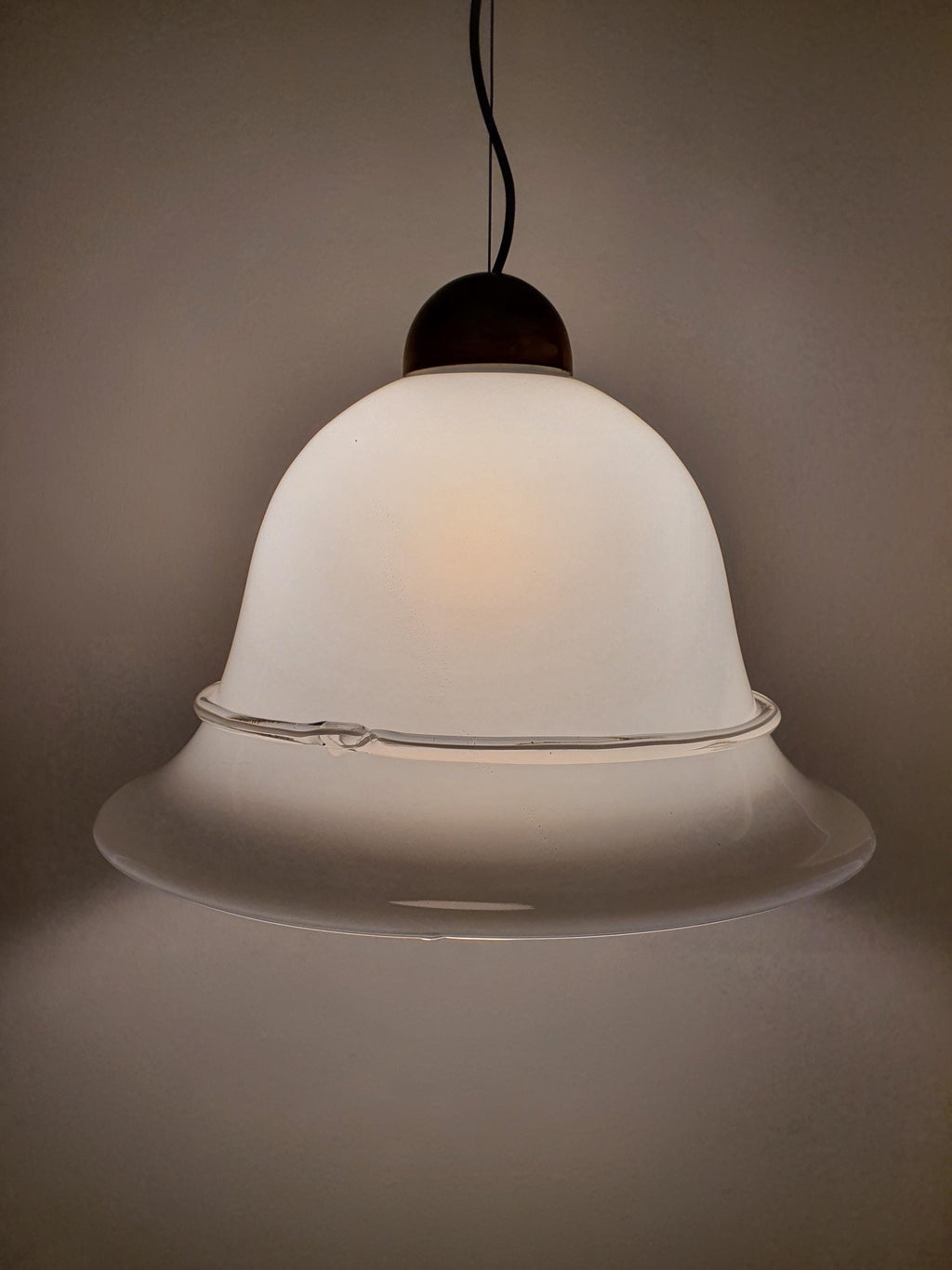 Vintage Murano Glass White Bell Pendant Light with Clear Bow Detail