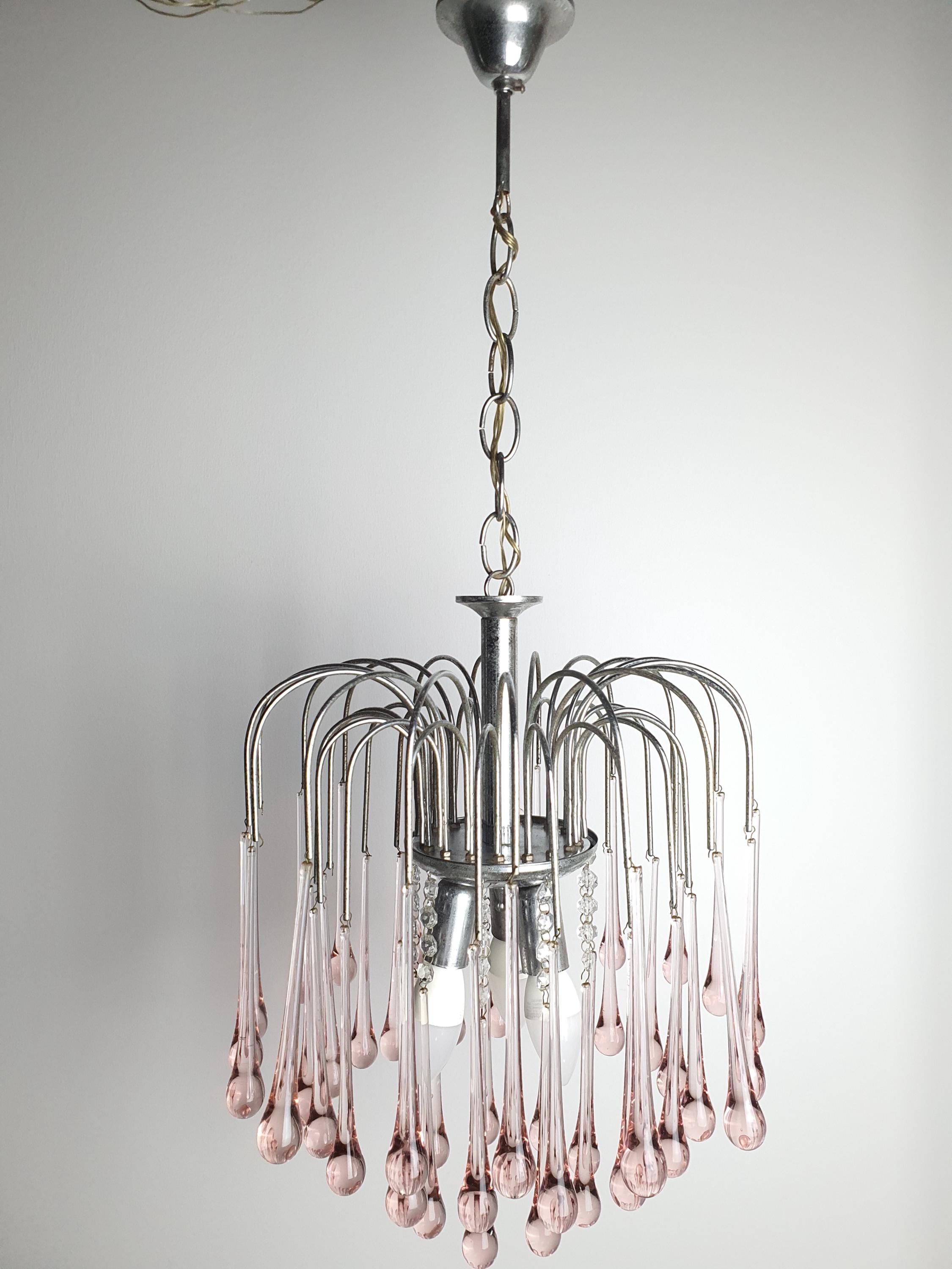 Vintage Murano Glass Pink Teardrops Chandelier | Chrome Base Hollywood Regency Lighting