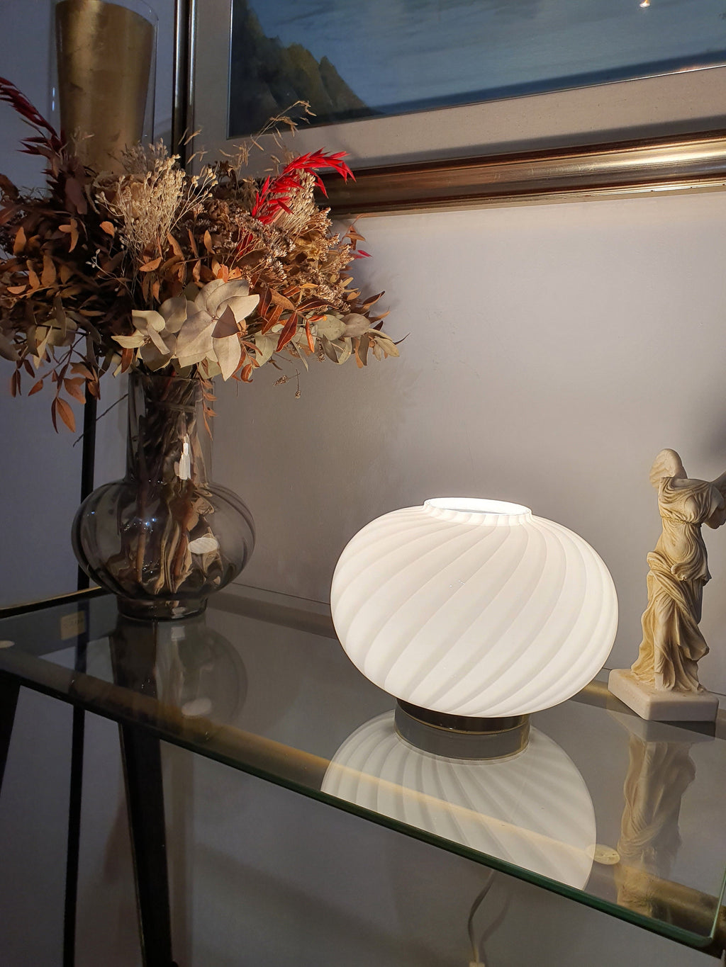Murano Glass Table Lamp: White Swirl Globe, Golden Base, MCM Bedside Light
