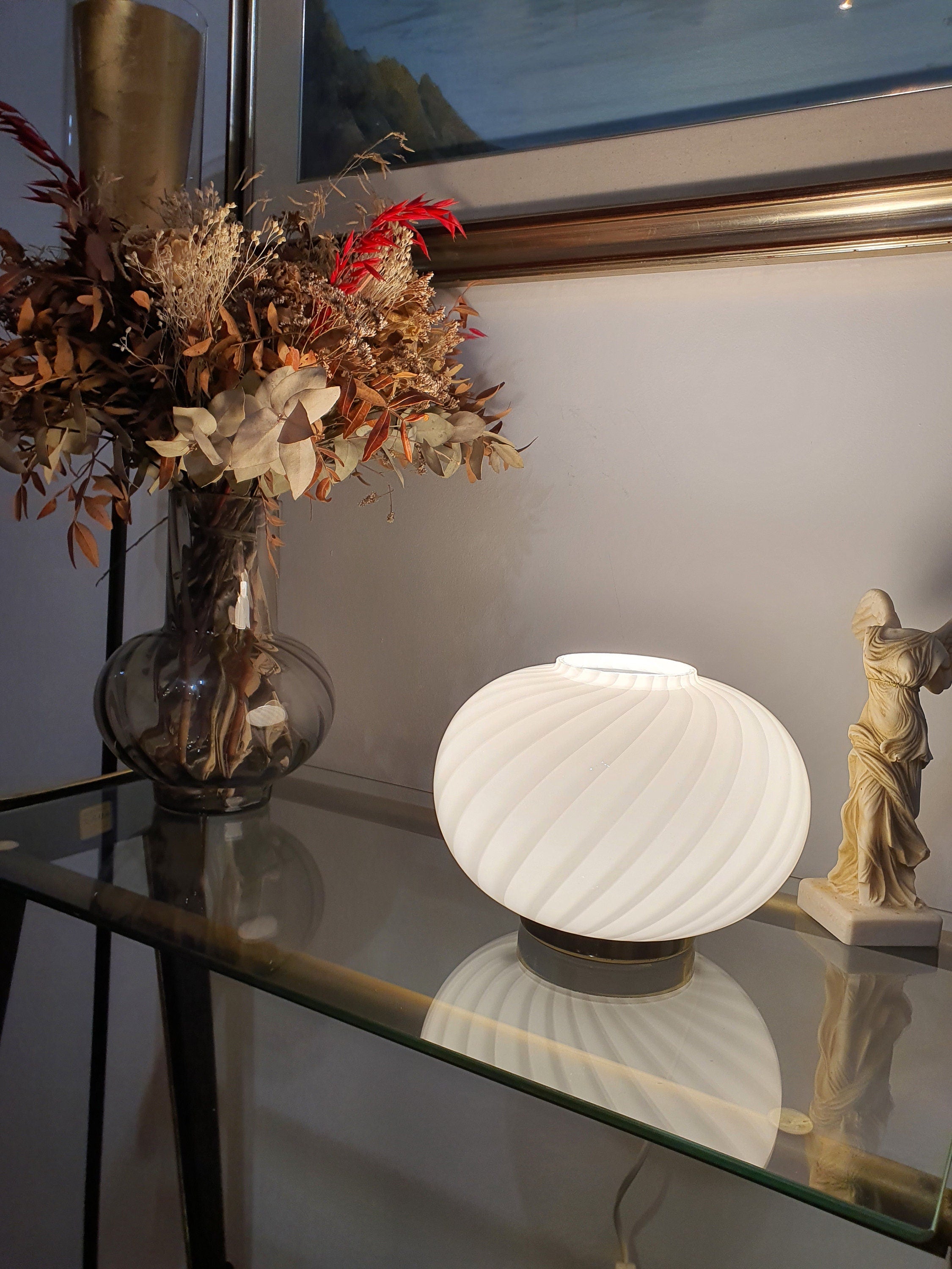 Murano Glass Table Lamp: White Swirl Globe, Golden Base, MCM Bedside Light