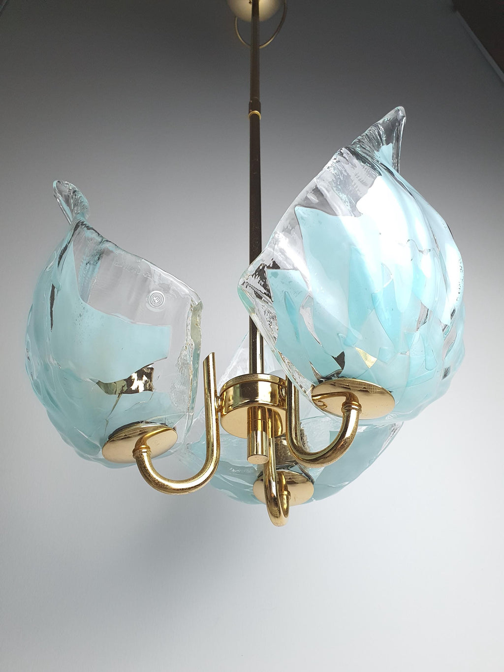 La Murrina 3-Arm Murano Glass Chandelier – Clear & Tiffany Blue on Golden Base