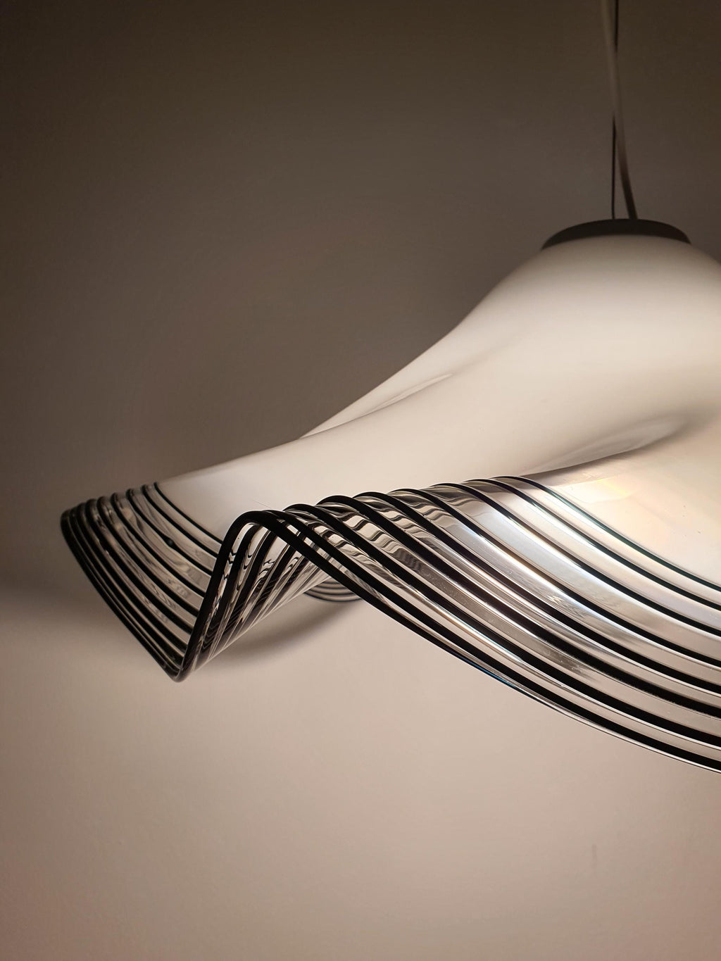Vintage Murano Glass Pendant Light: Handkerchief Style, Black Stripe Edge