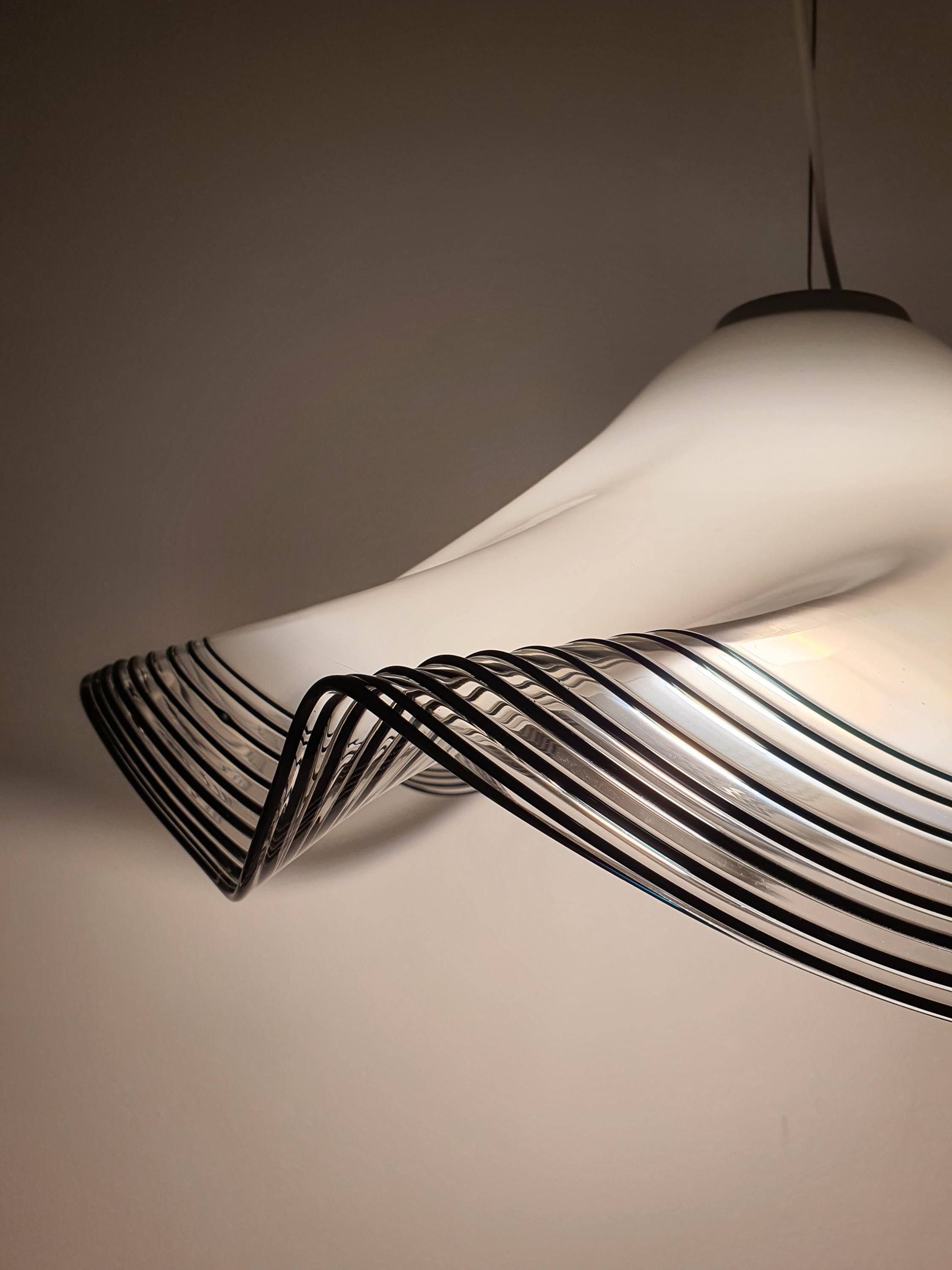 Vintage Murano Glass Pendant Light: Handkerchief Style, Black Stripe Edge