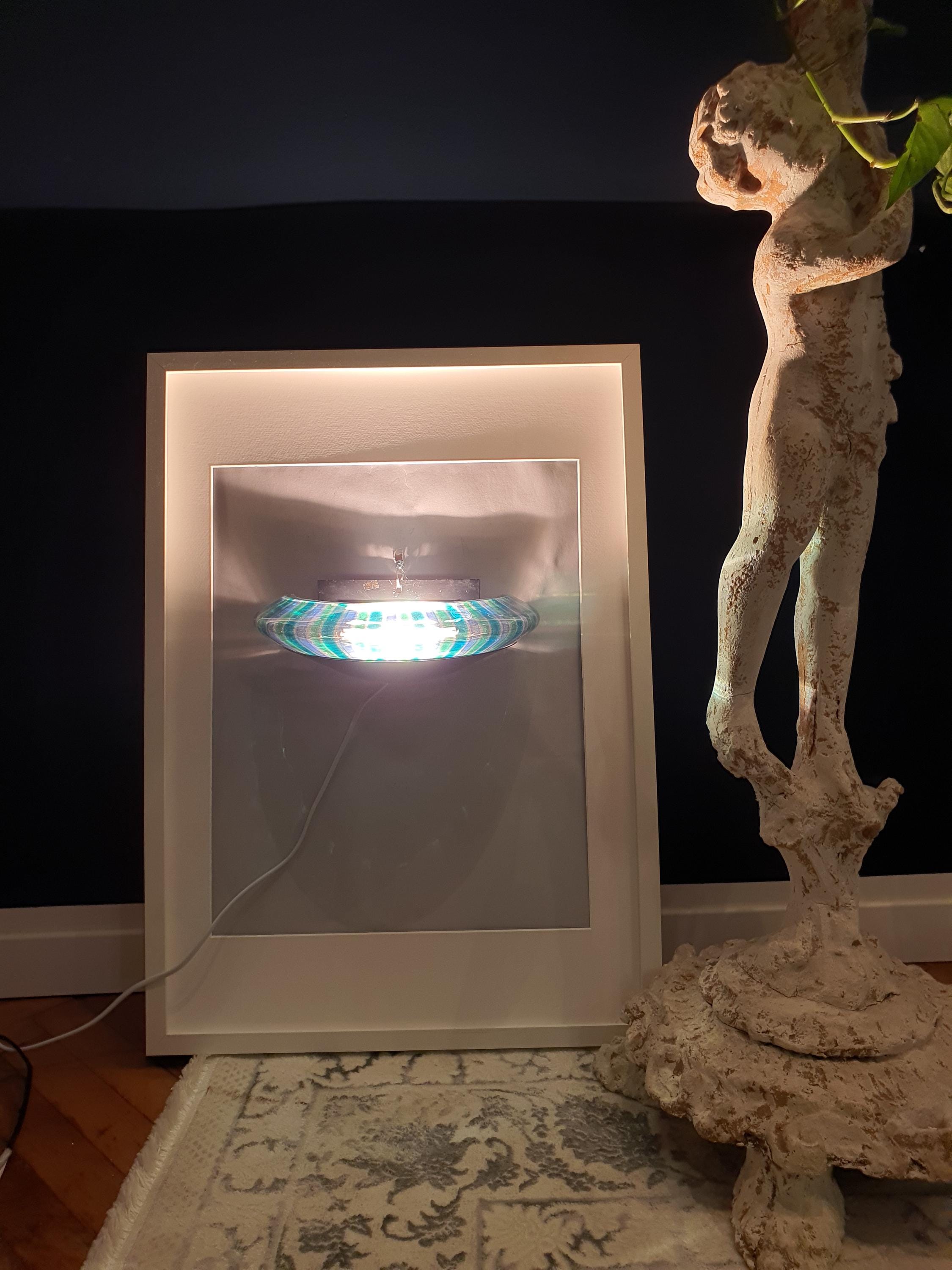 Vintage Murano Glass UFO Wall Sconce: Blue Green Striped Light Fixture