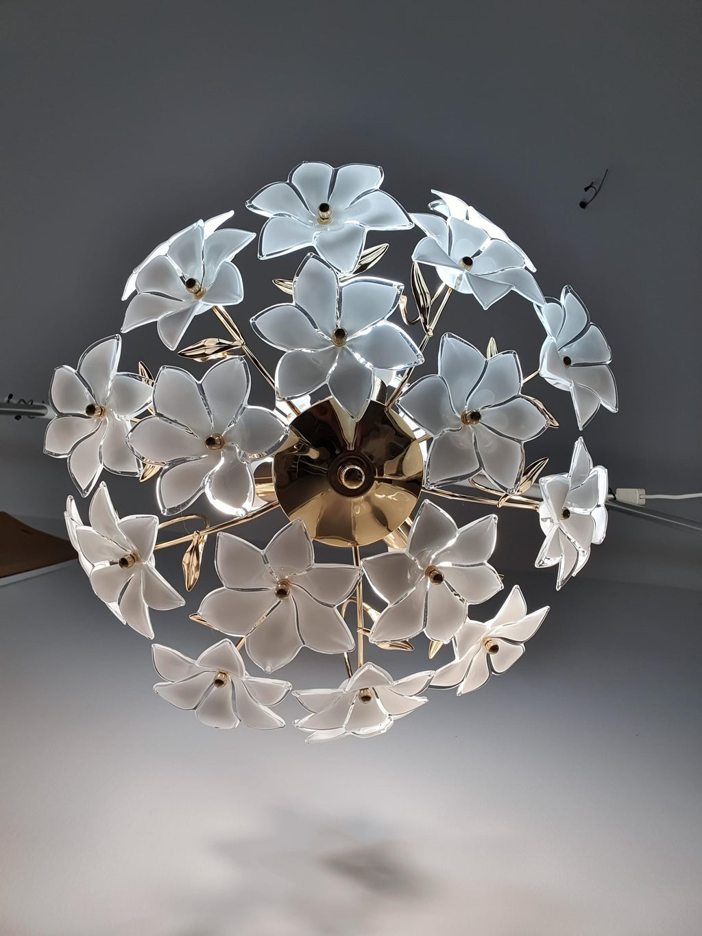 Vintage Murano Glass White Floral Chandelier | Hollywood Regency Dining Lighting