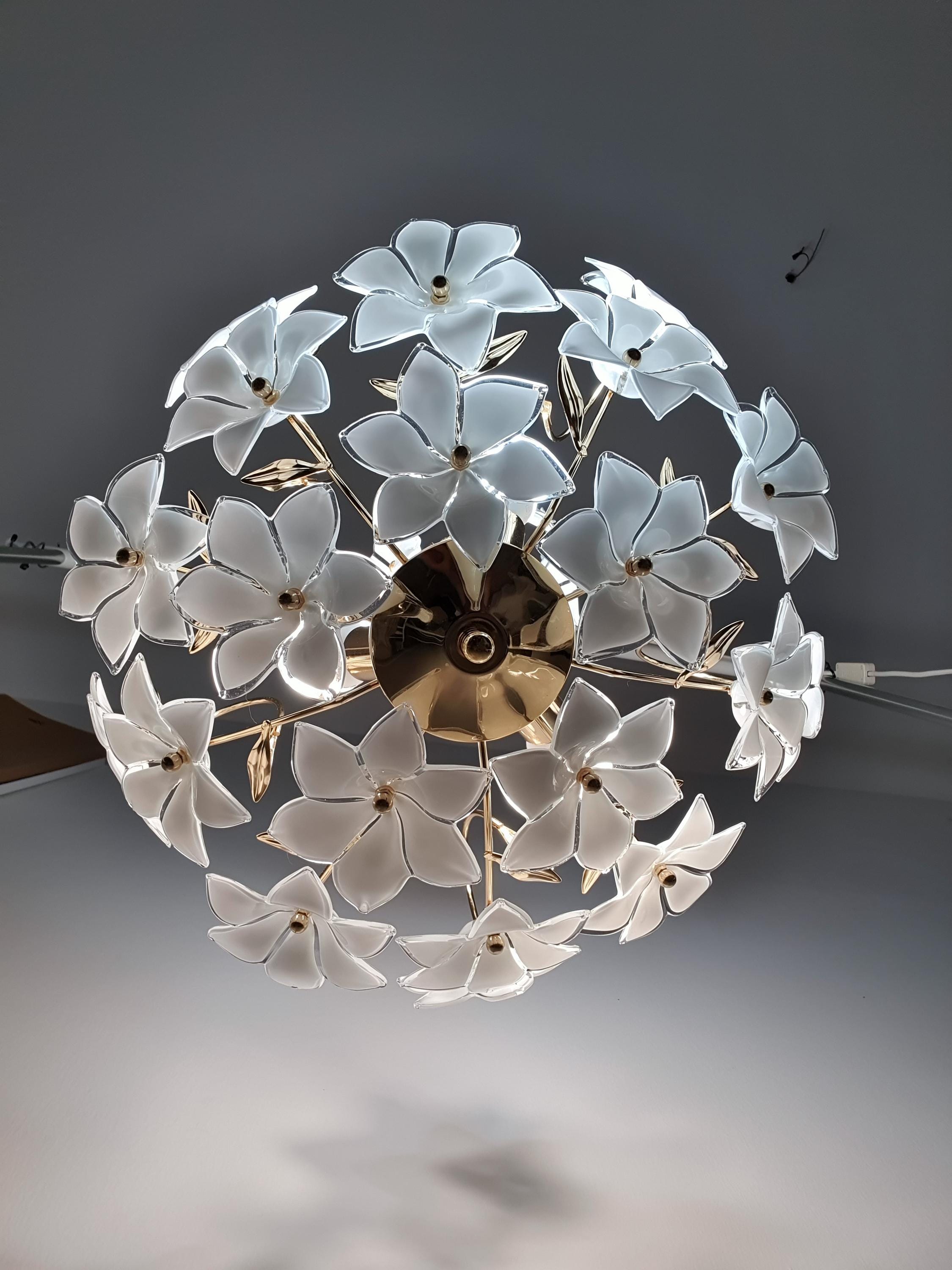 Vintage Murano Glass White Floral Chandelier | Hollywood Regency Dining Lighting