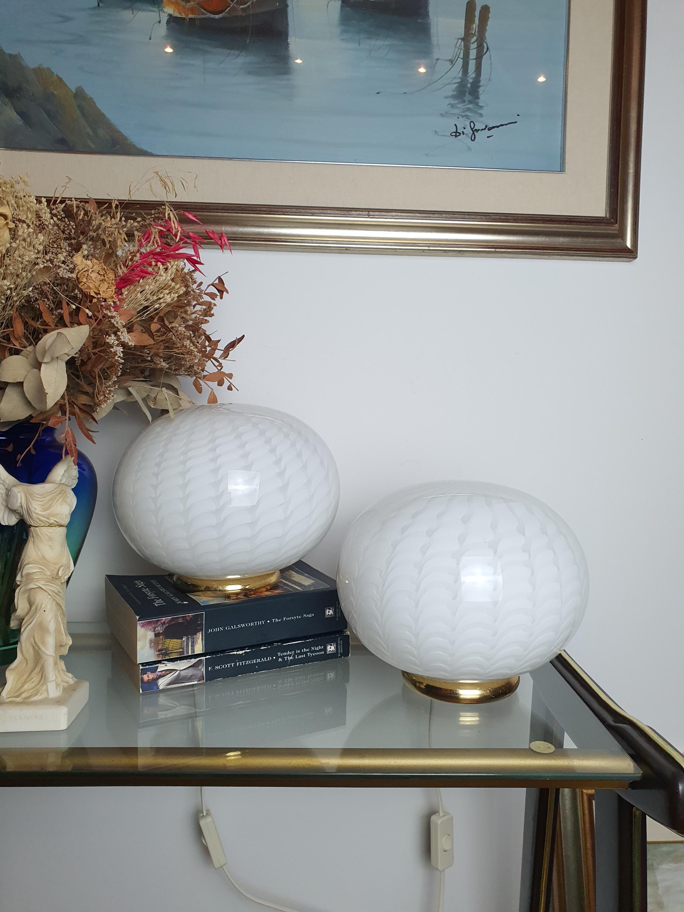 Murano Glass Table Lamps: Vintage White Wave Globe, Italian MCM Design