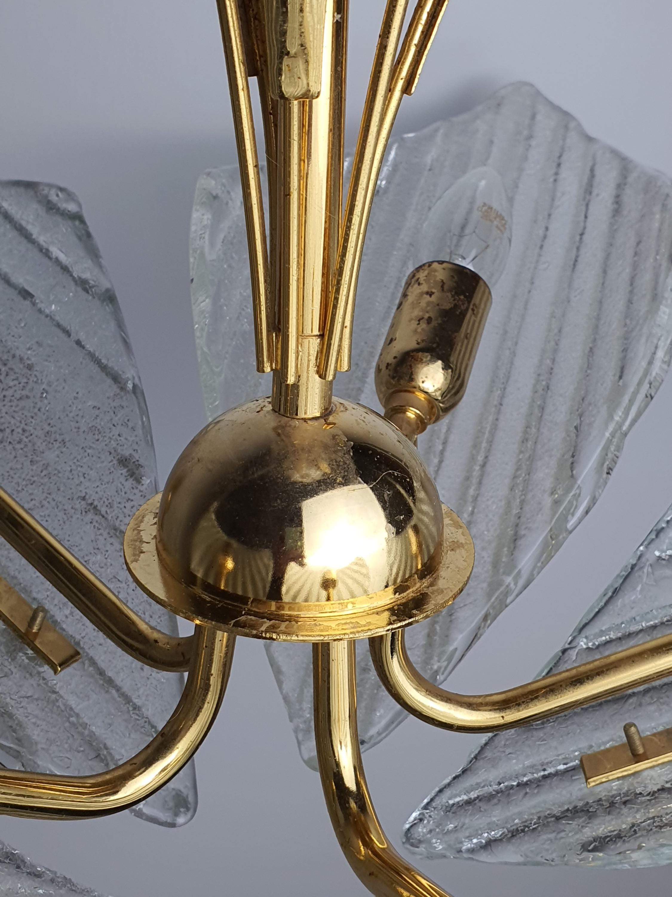 Vintage Murano Frosted Glass 5-Arm Chandelier | Hollywood Regency Lighting | Mid-Century Italian