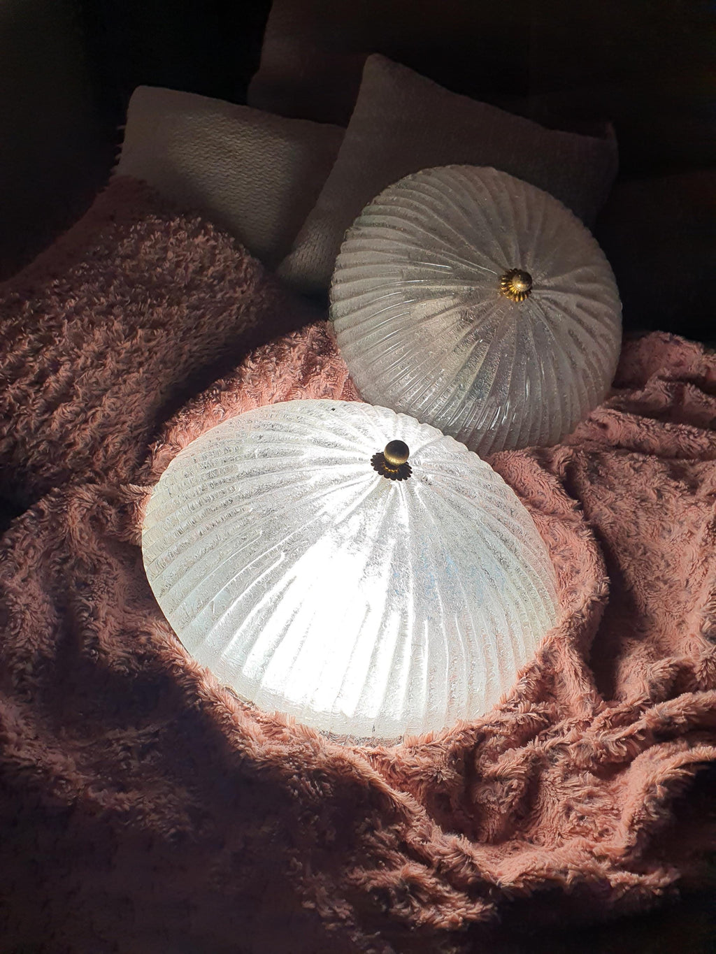 Pair of Vintage Floral Frosted Glass Flush Mount Lights - Midcentury Venetian Design