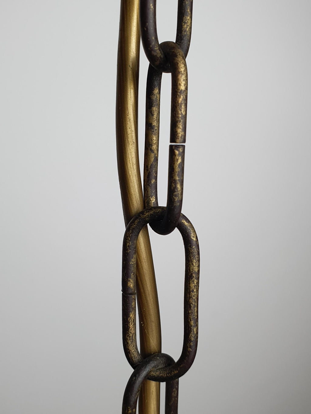 Bronze chain and canopy detail, vintage Murano graniglia bell tulip pendant, 1970s Italian handcrafted glass