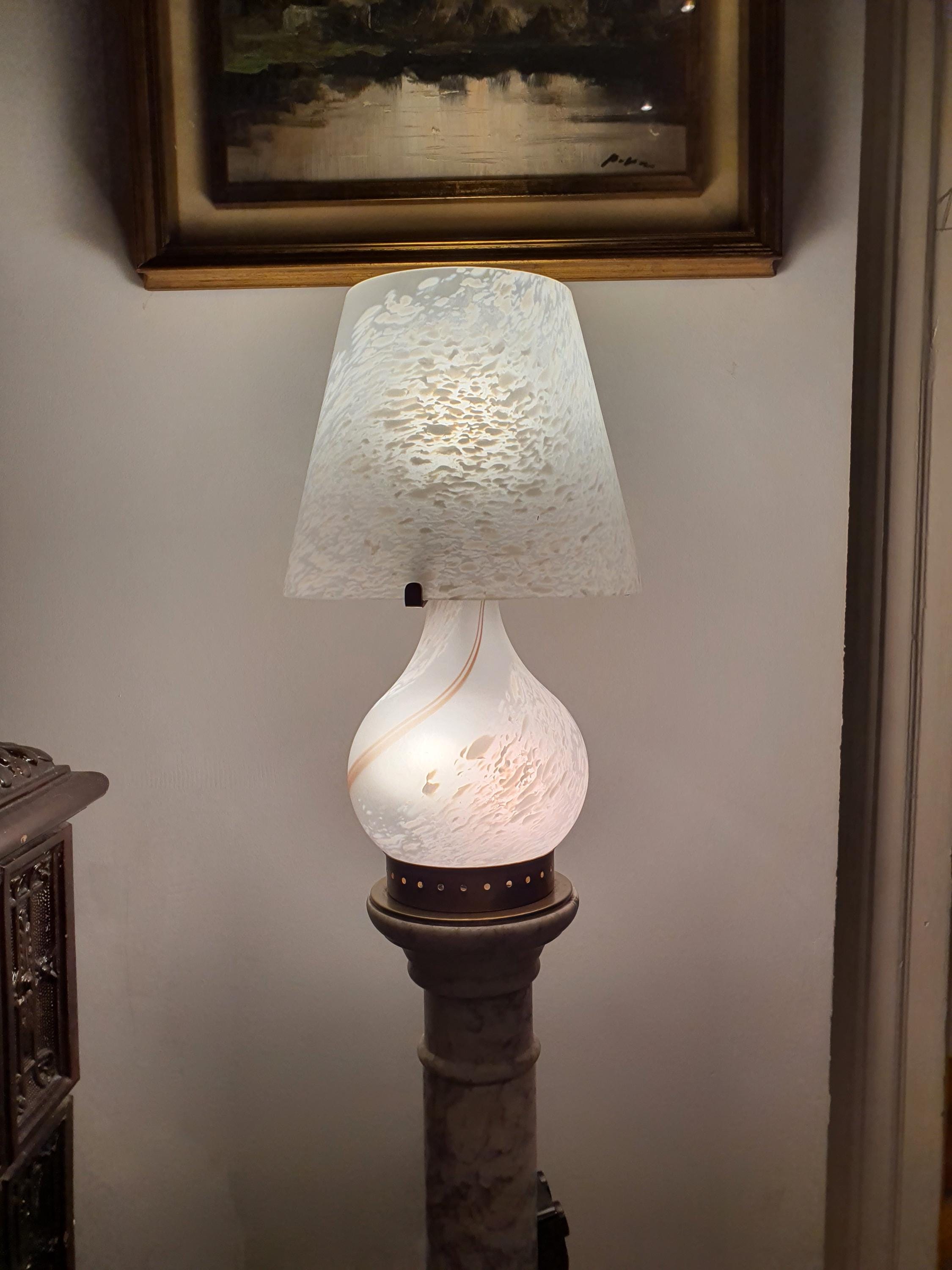 Murano Glass Mushroom Desk Lamp: White Swirl Vintage Table Light